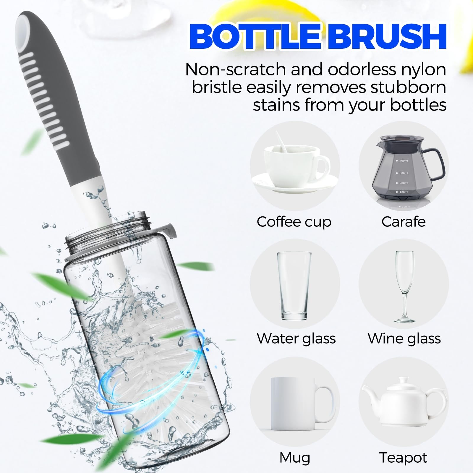 Holikme 6 Pack Dish Brush Set with Bottle Brush, Scrub 6 Pack, Gray
