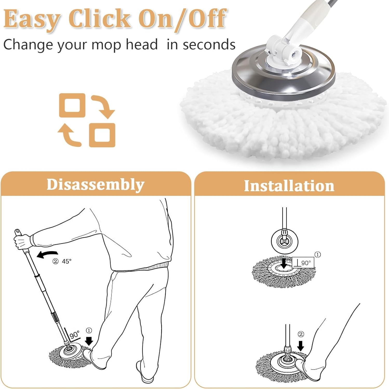6 Pack Spin Mop Replacement Head for 360° Spin Mop System, Standard Size Round
