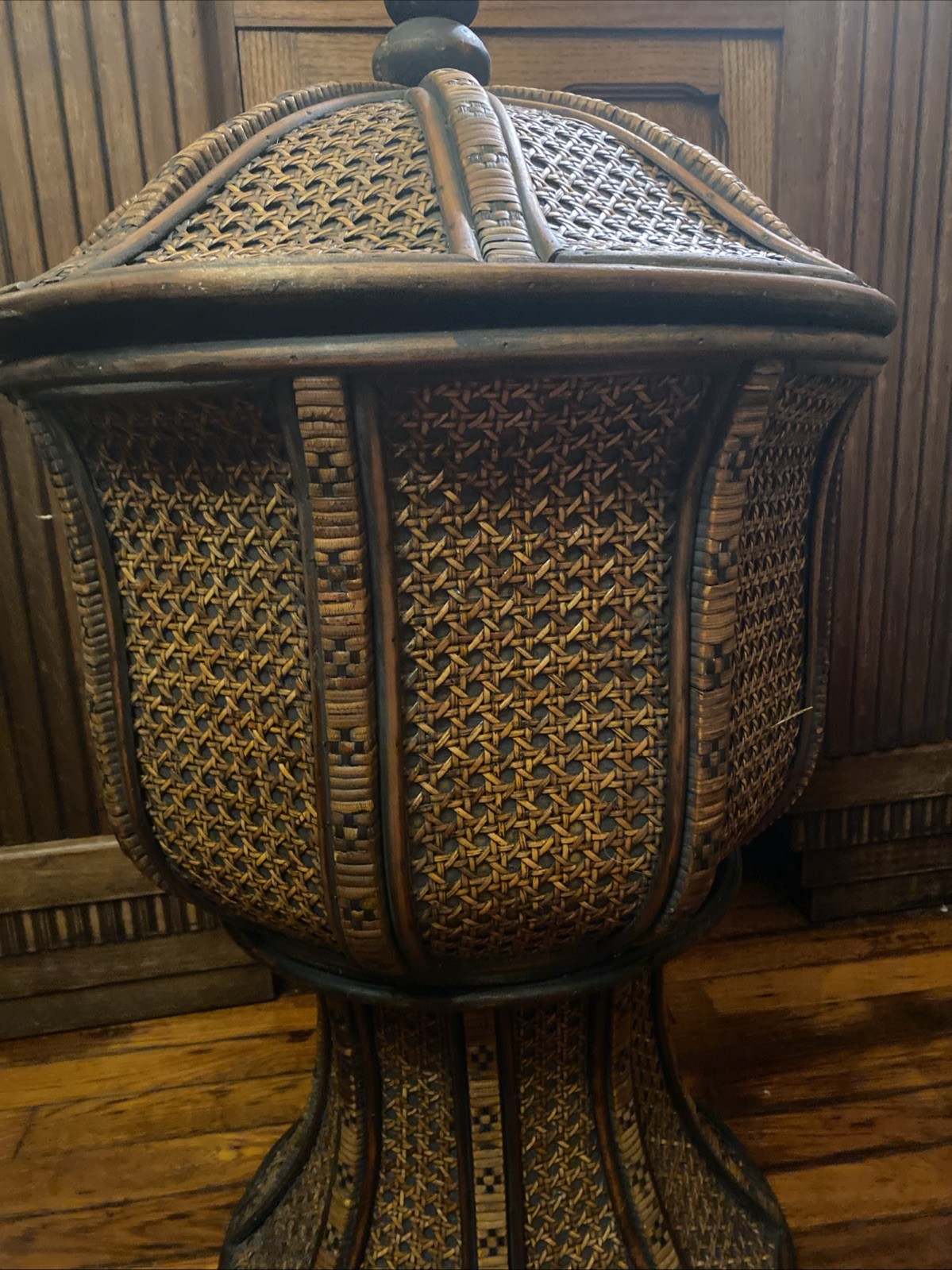 Chinese Tinalik Basket Storage Container Intricate Woven Rattan 31″ T 17″ D