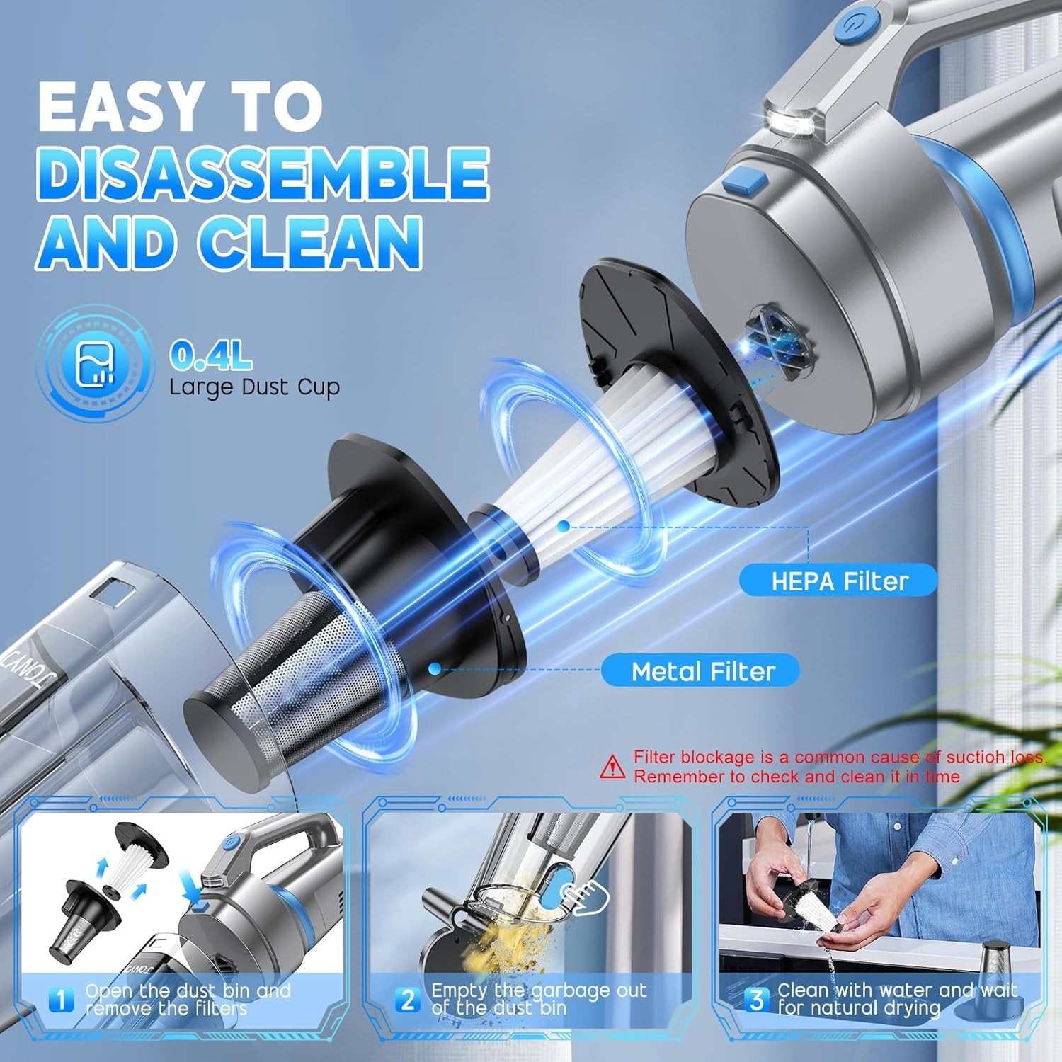 New Handheld Cordless Vacuum Strong Suction Car Keyboard Air Vents LED Light Pet