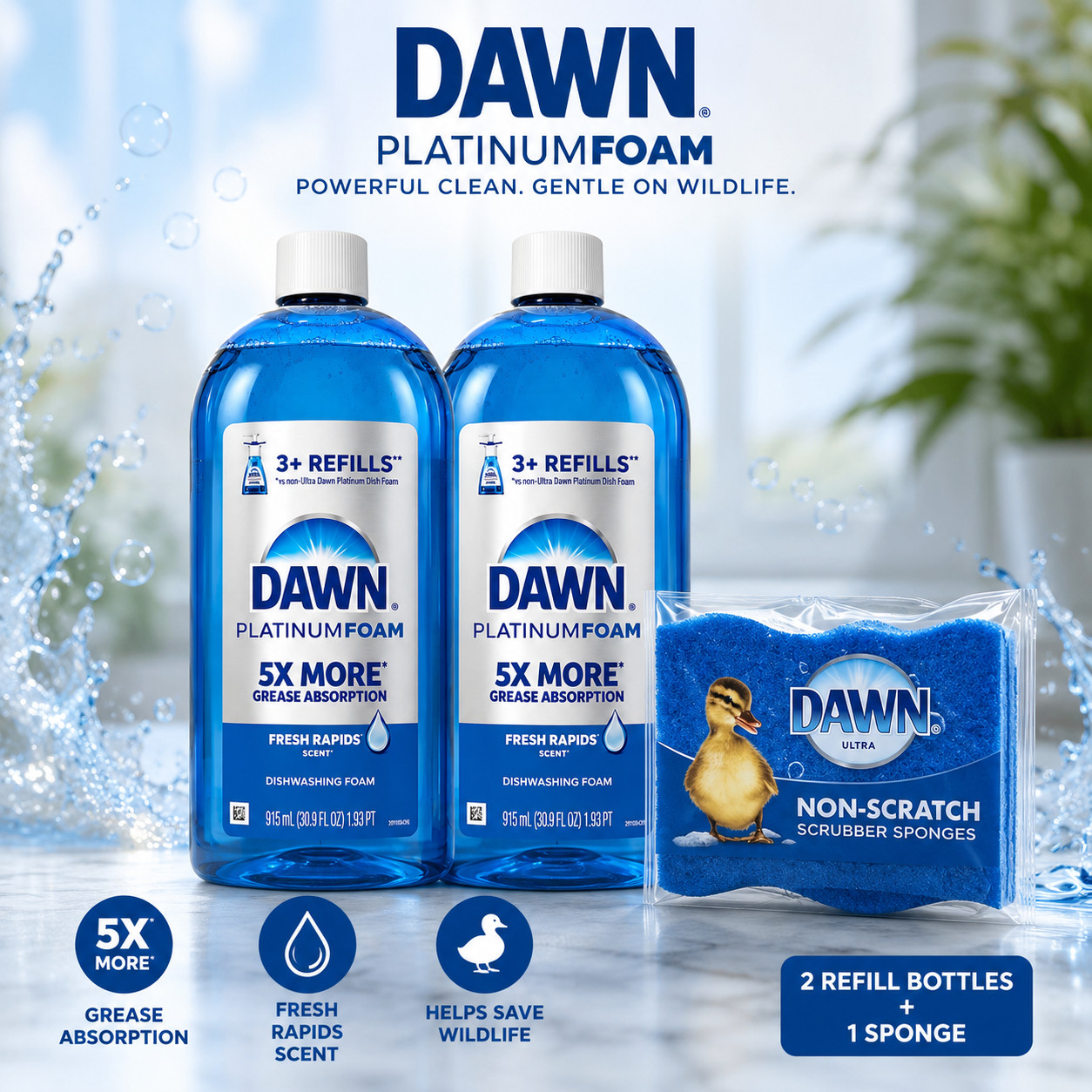 Dawn Platinum Foam Dish Soap Refill 30.9 oz x2+Non-Scratch Sponge+Free Shipping