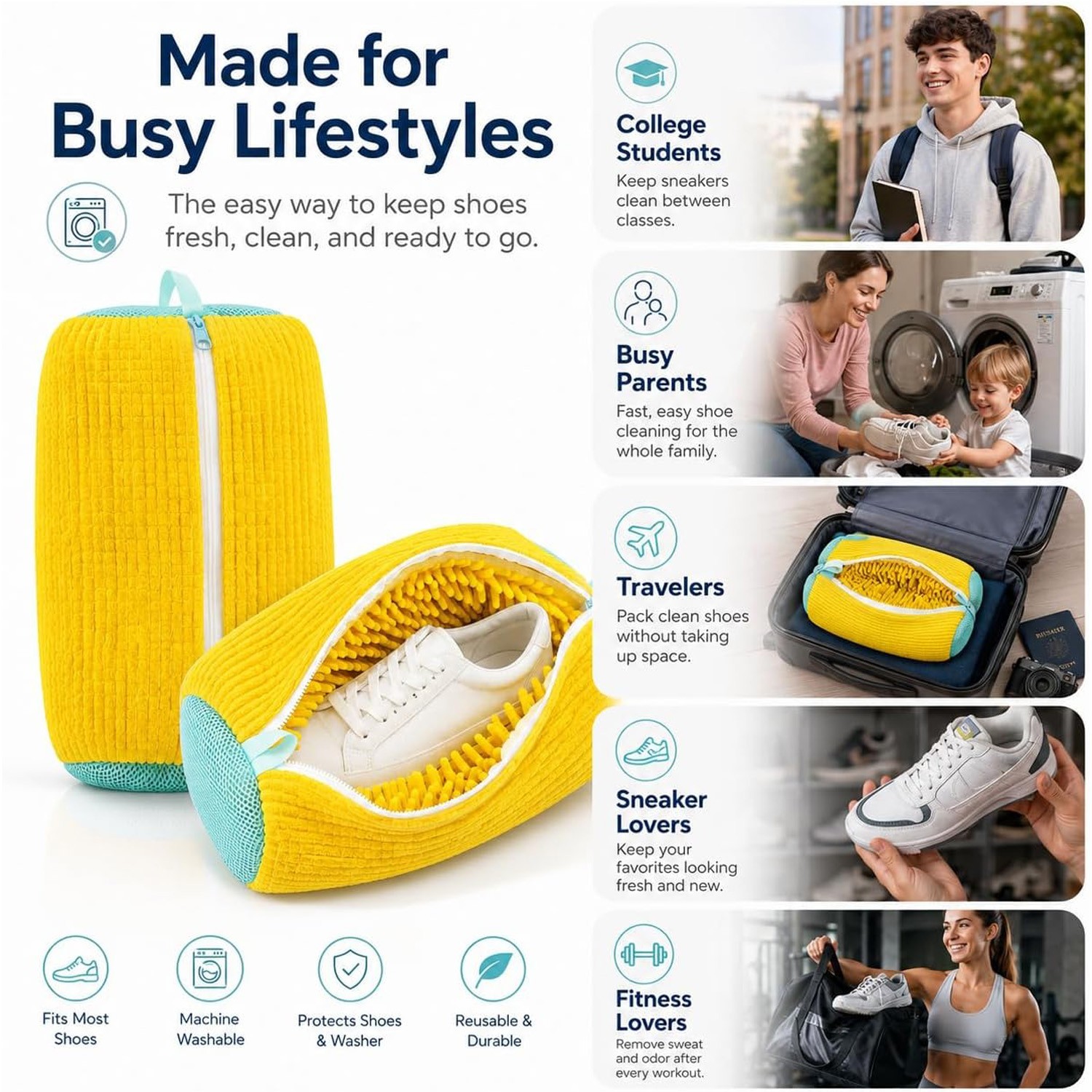 Reusable Shoe Washing Machine Laundry Bag Mesh Cleaner Zipper Wash Bag Yellow