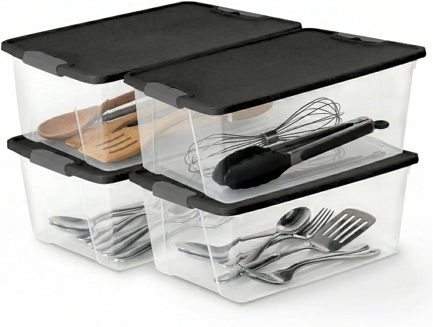 Stackable Clear Plastic Bins with Lids, 4-Pack, Shatterproof and Water Resistant