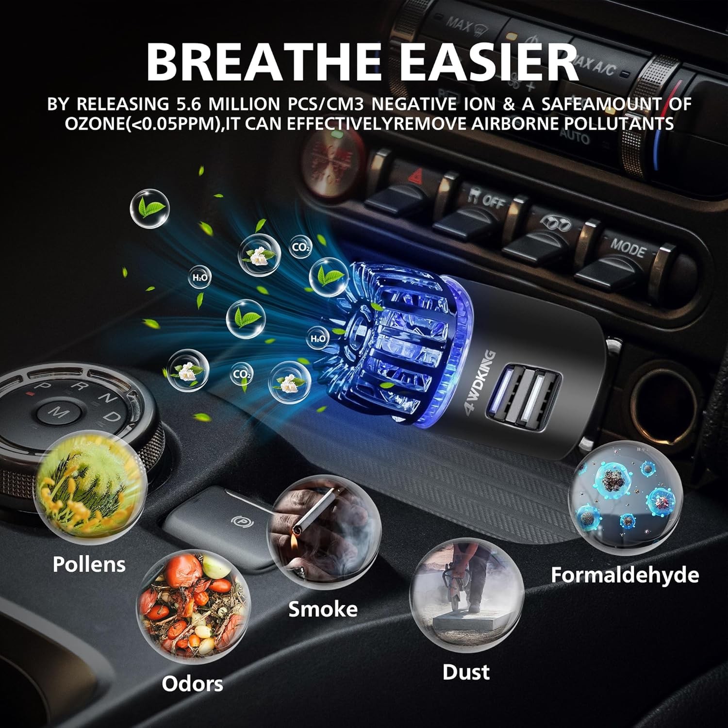 Car Air Purifier Ionizer, 12V Plug-in Car Air Freshener Gadgets with Dual Black