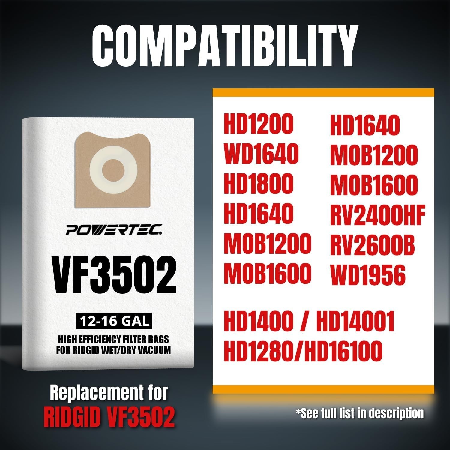 POWERTEC 75002-P5 (10PK) Filter Bags for Ridgid VF3502 12-16 Gal Wet Dry Vacuum