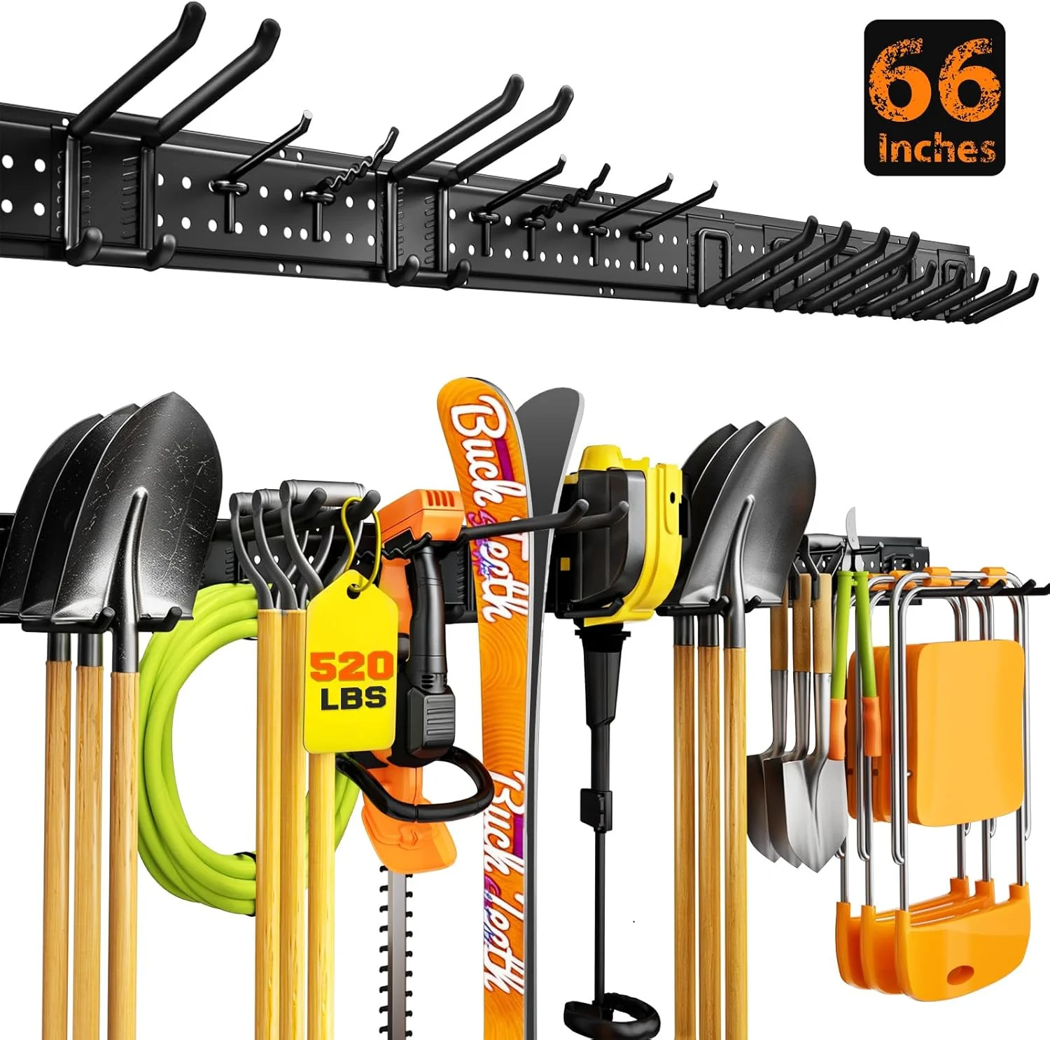 Garage Tool Organizer Wall Mount 66 inches with 13 Adjustable Heavy-Duty Hooks,