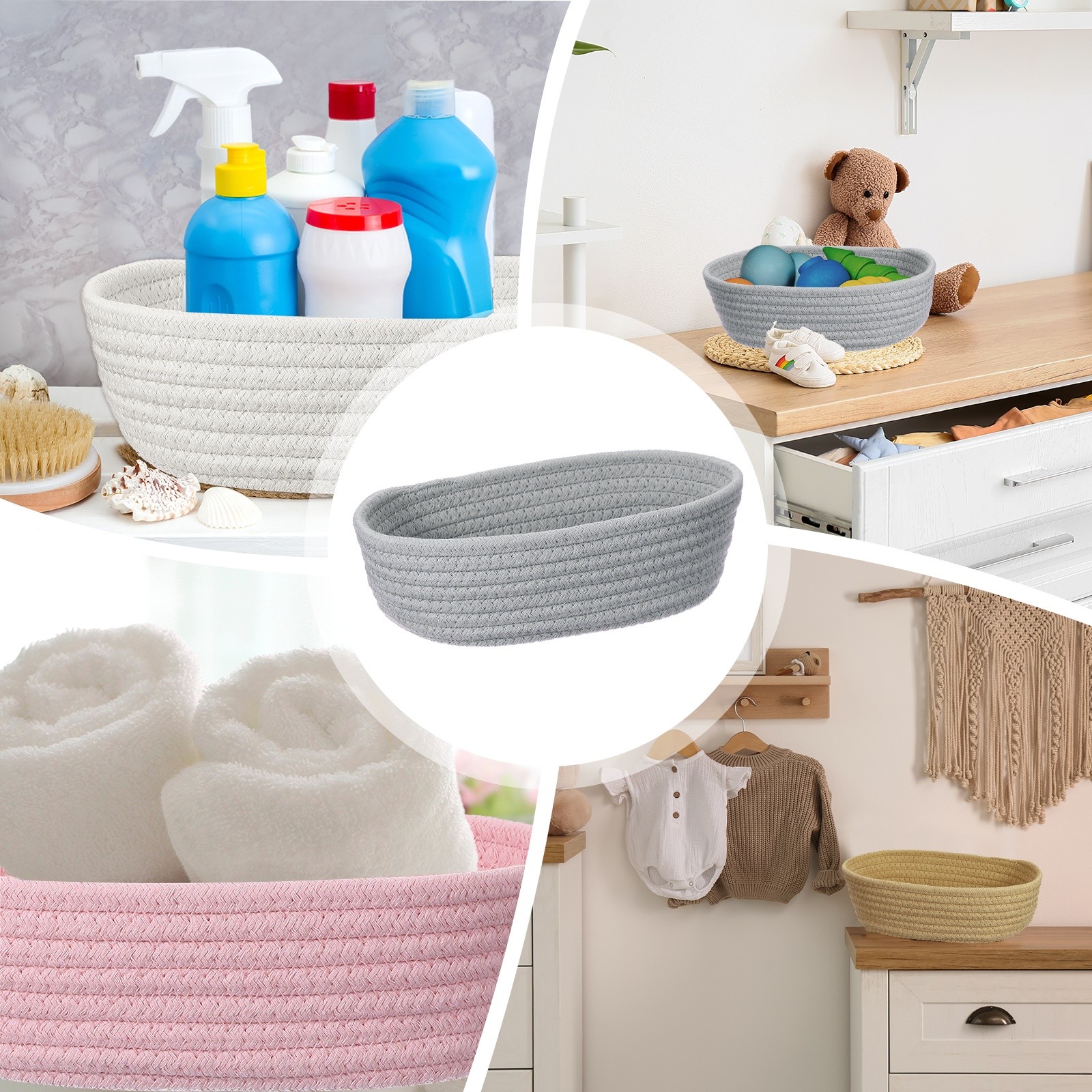 Gray Small Cotton Rope Woven Storage Basket Oval 10.3″x3.2″