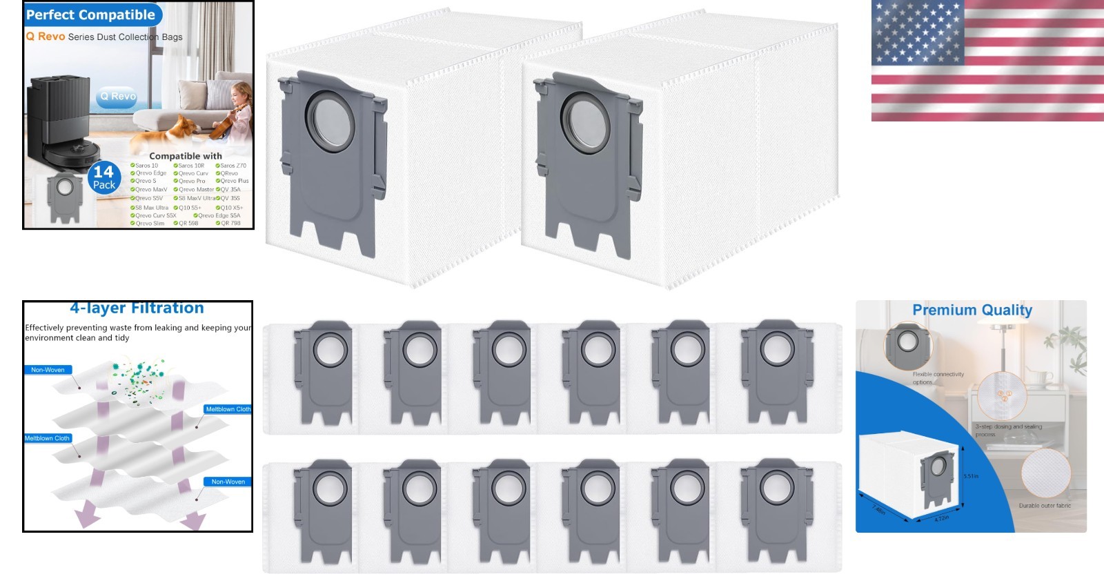 14 Pack Dust Bags Replacement for Roborock QV 35A/Qrevo S5V/QV35S/Saros 10/10