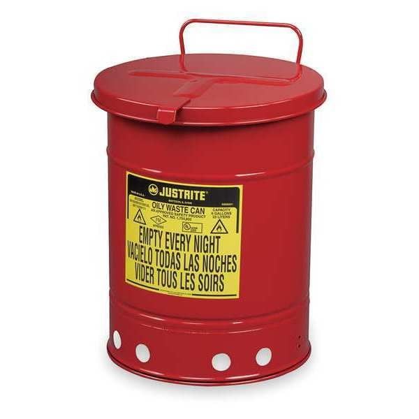 Justrite 09110 Oily Waste Can,6 Gal.,Steel,Red