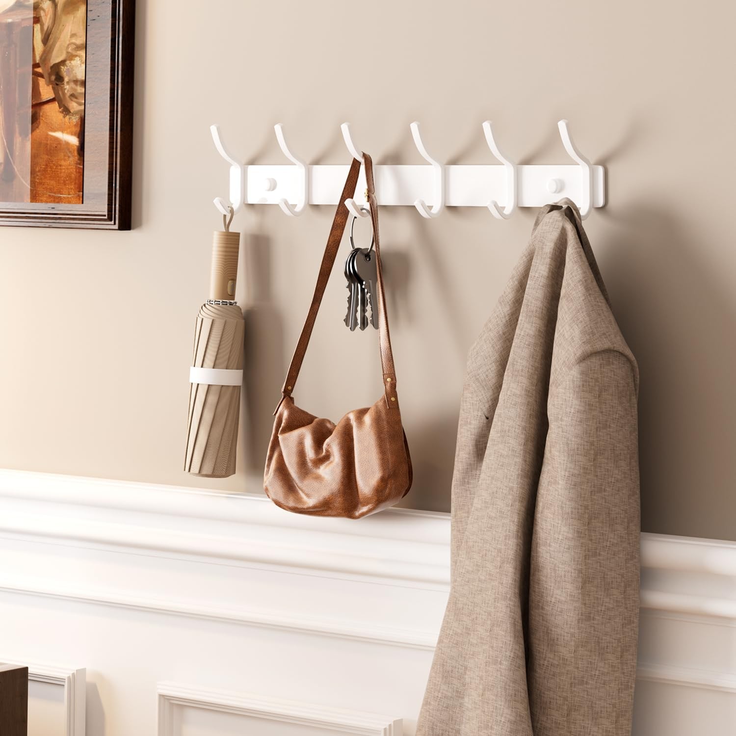 White Coat Rack Wall Mount 15 Inch Arc Shaped 6 Hooks Entryway Hanger 1 PCS