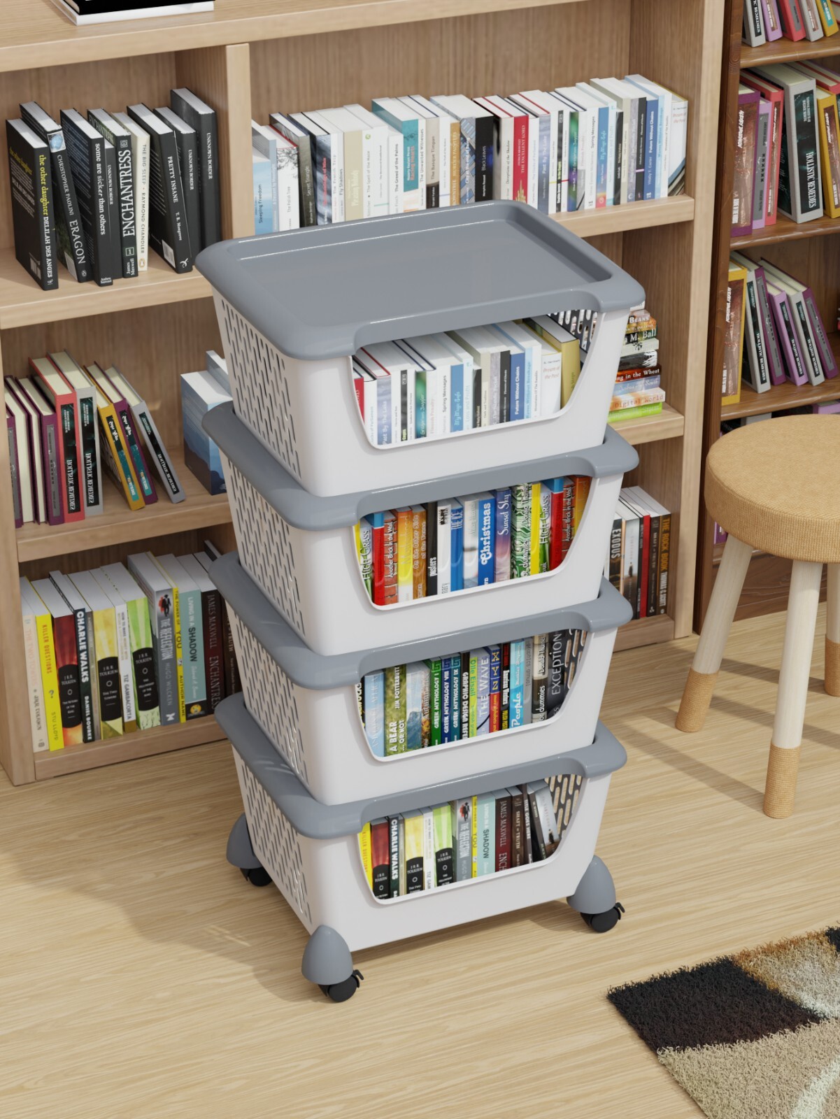 Idotry 4-Packs Plastic Stackable Storage Bins – Large Storage Basket with Wheels