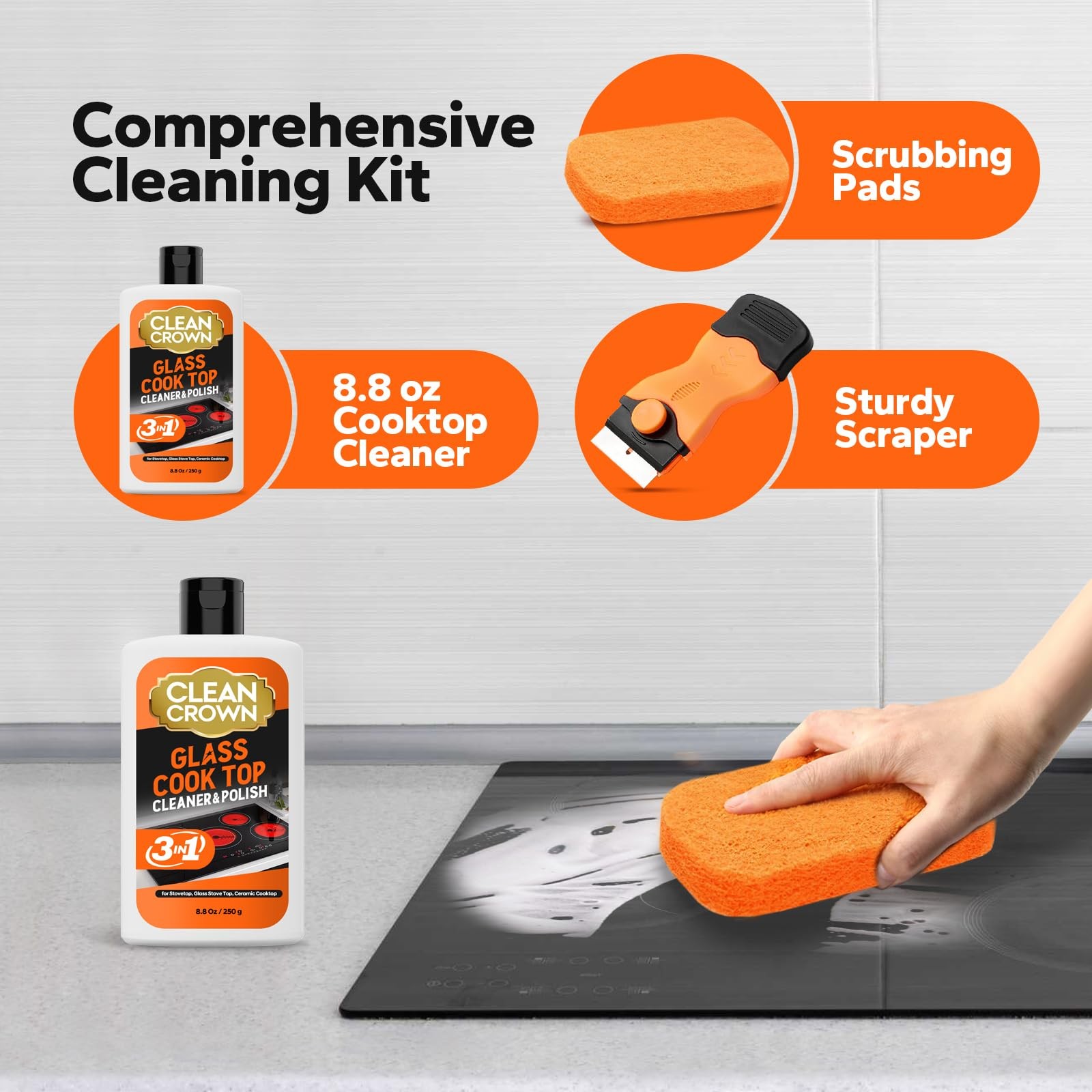 CleanCrown 3-in-1 Cooktop Cleaner Kit (8.8 Oz Cooktop Cleaner + Scrubbing Pad…