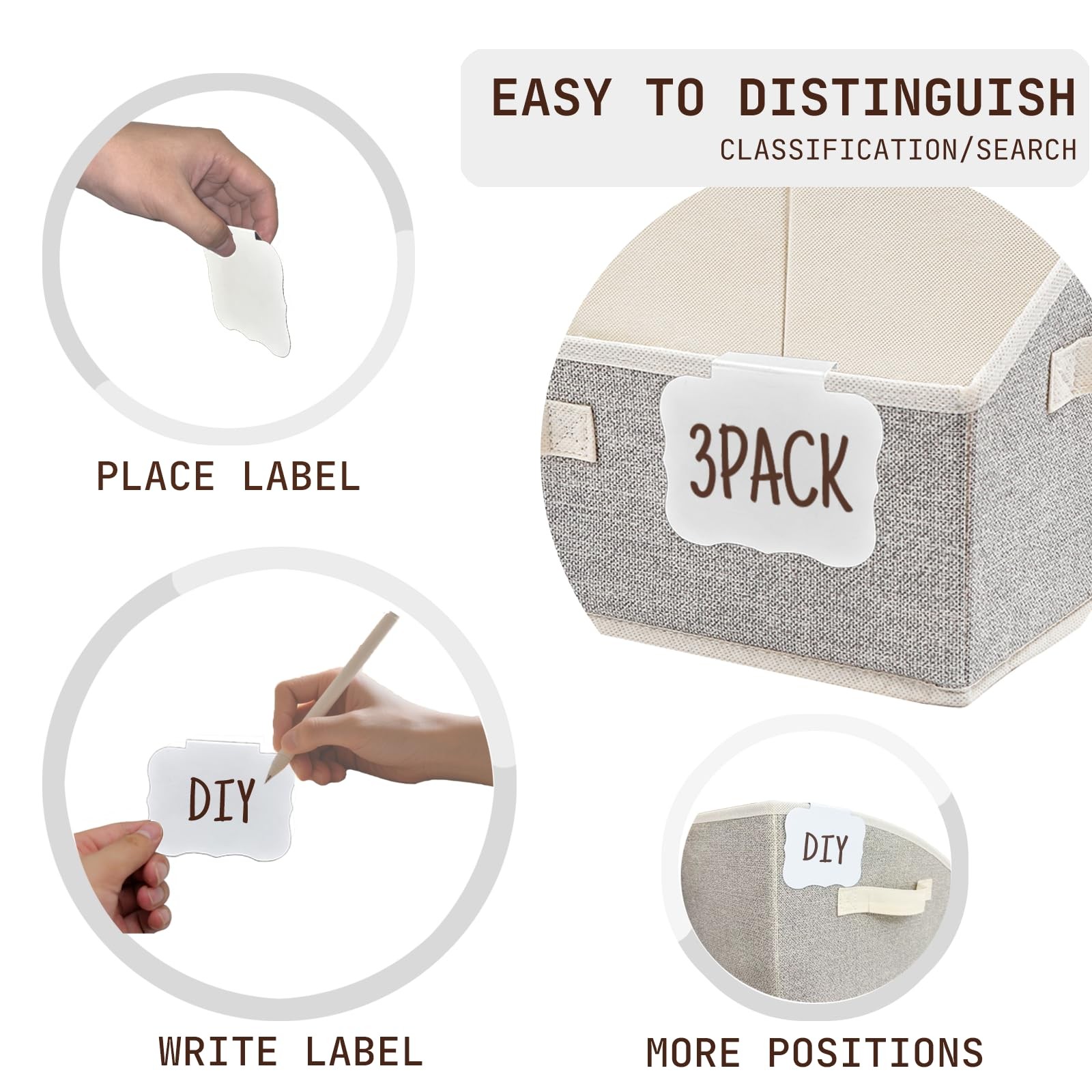 Fabric Trapezoid Storage Bins Label Clip Foldable Closet Shelf Basket White 3 Pk