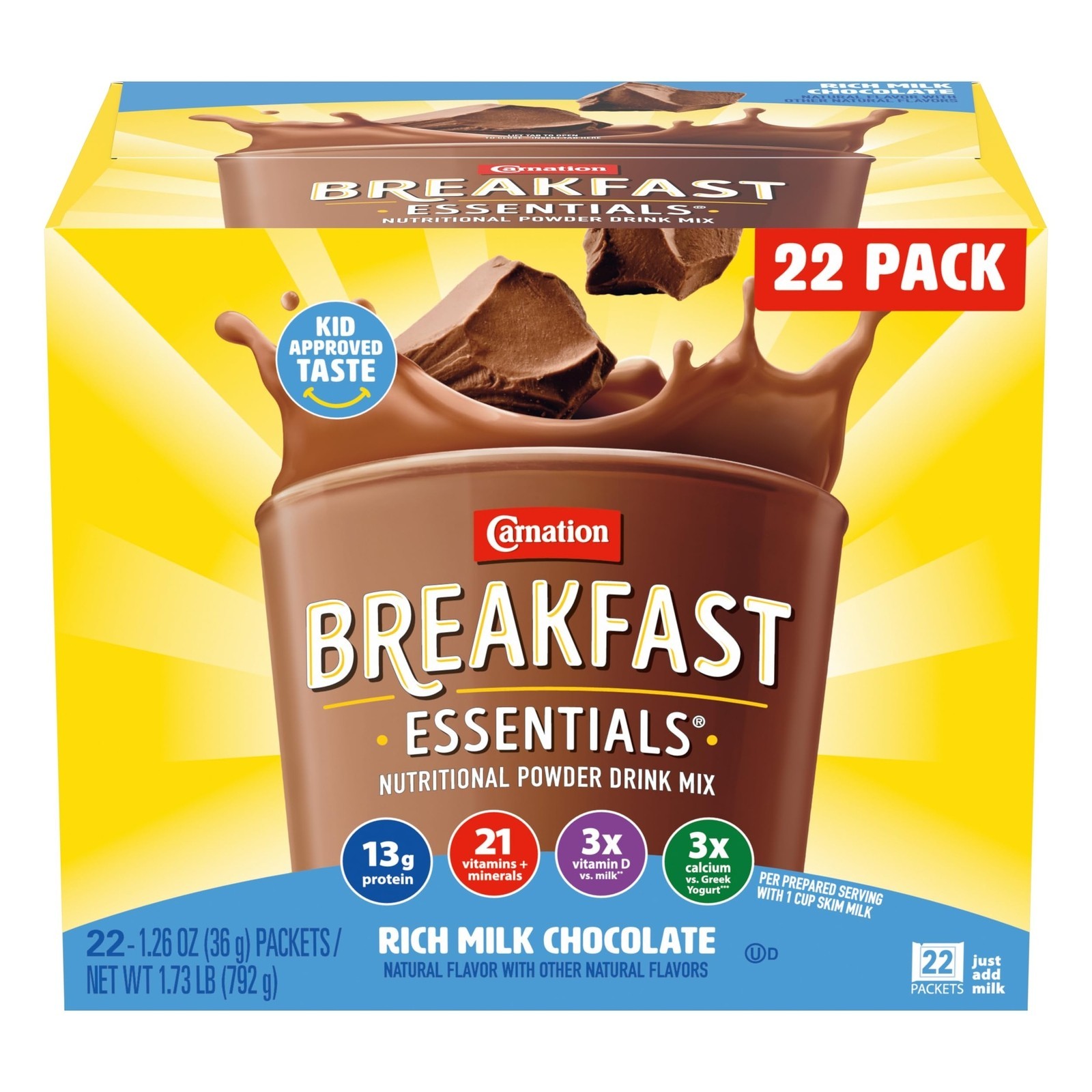 Powder Drink Mix Rich Milk Chocolate 22 Count Box of 1.26 Ounce Packets
