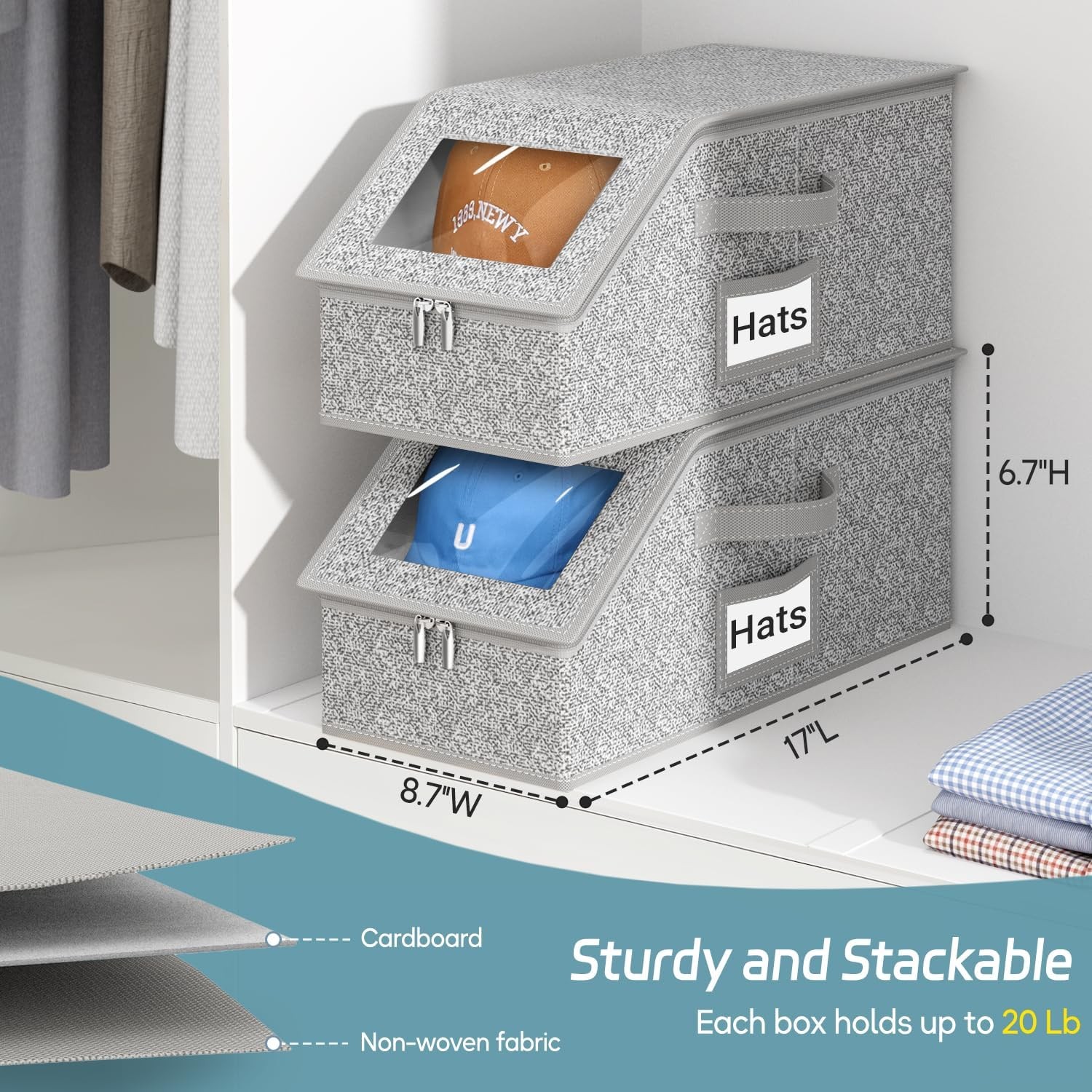 2PCS Stackable Hat Storage Organizer for Baseball Caps 24 Caps Hat Box with Lid