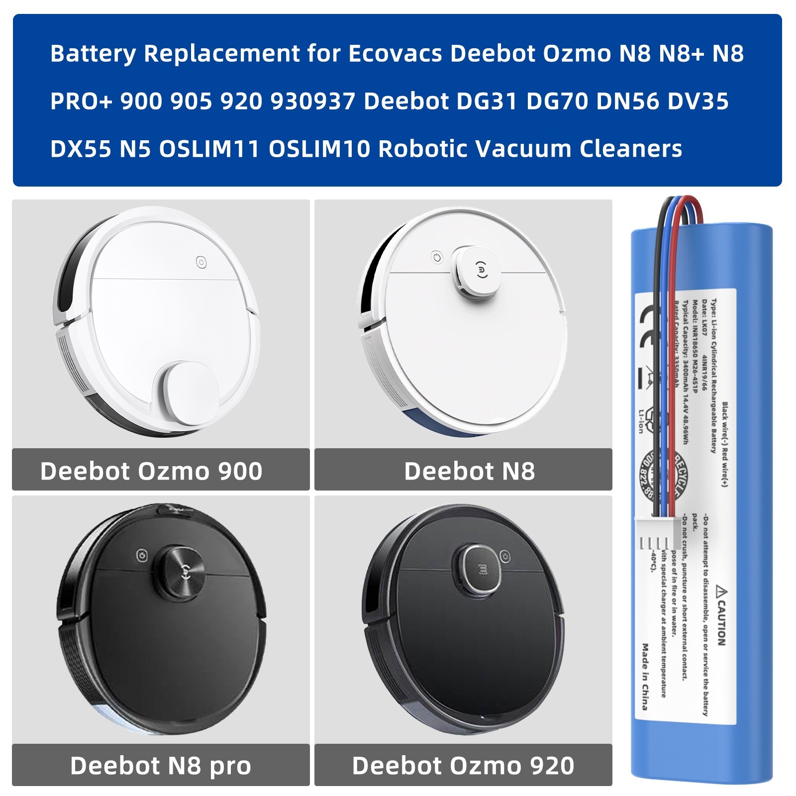 3400mAh Battery for Ecovacs Deebot N8 N8+ N8 PRO+, Deebot Ozmo 900 905 920 930