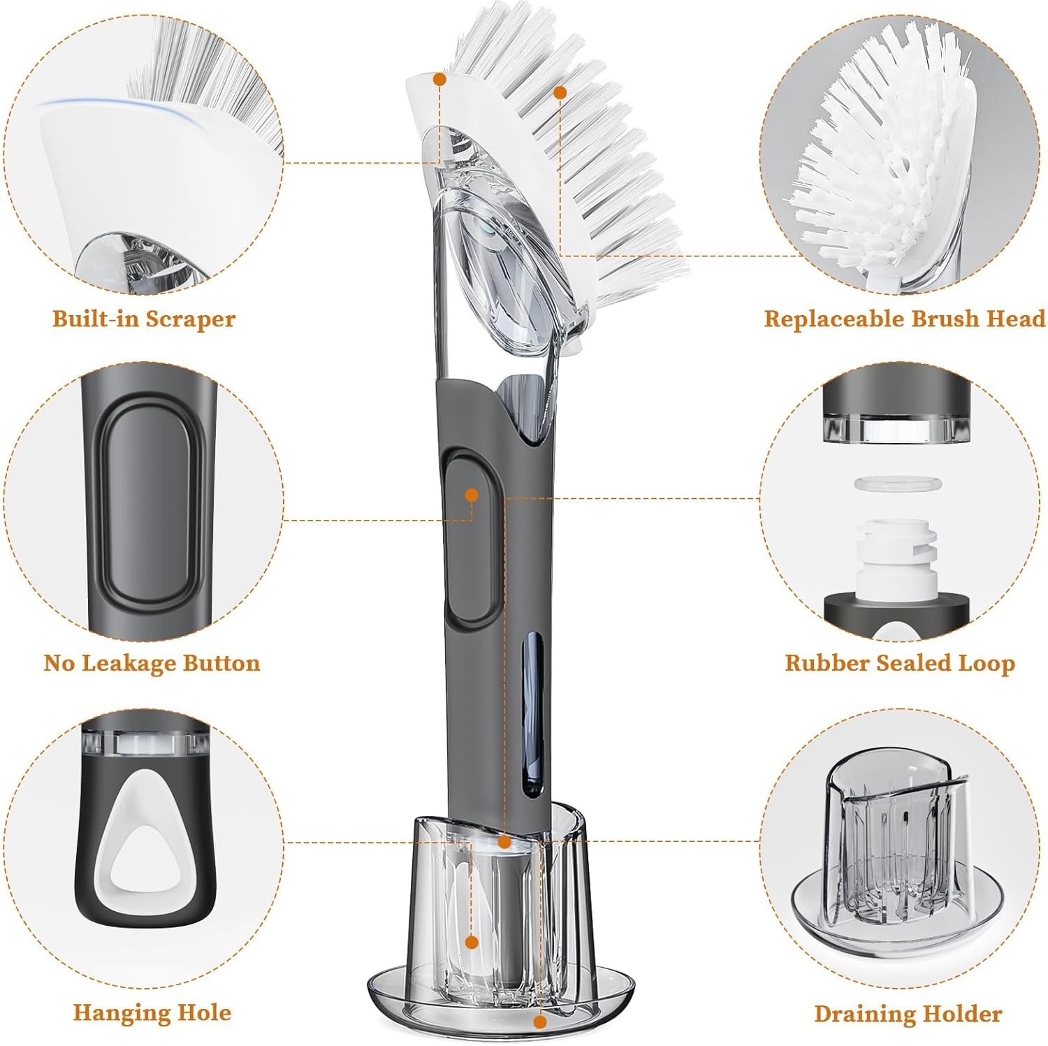 Soap Dispensing Replacement Dish Brush Storage Set with 2 PCS Brush Refills &…