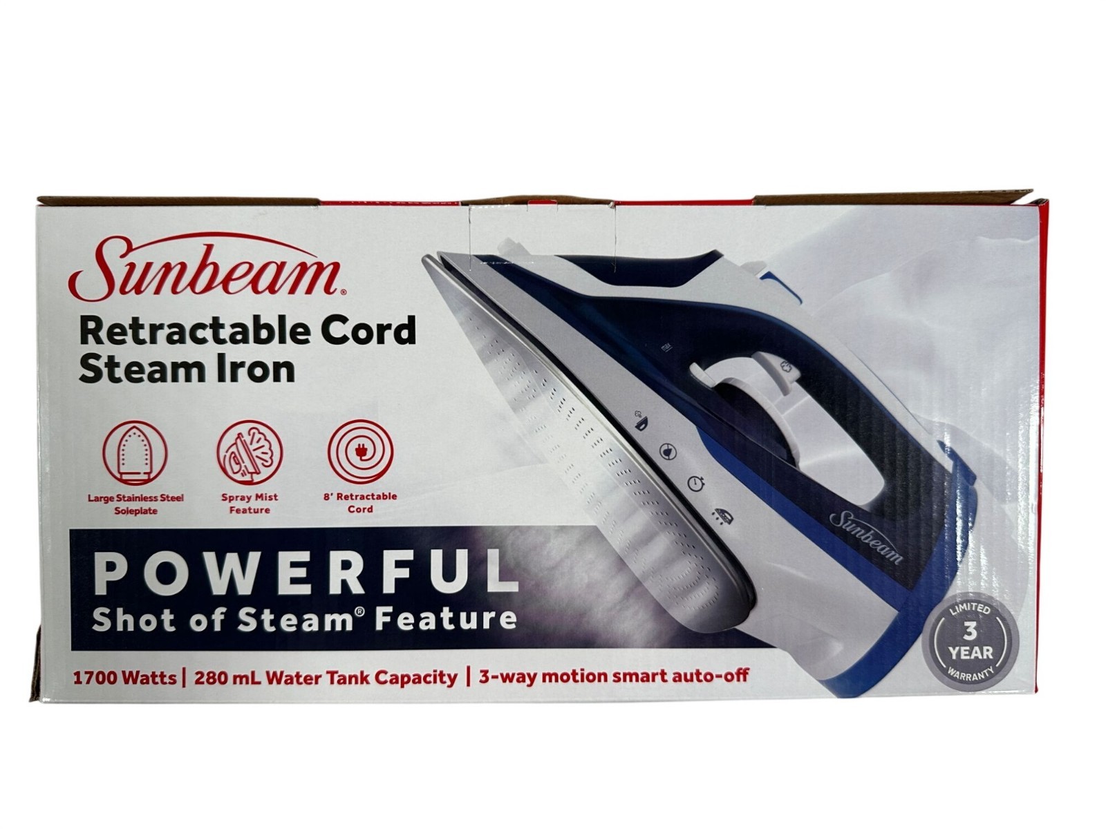 Sunbeam Retractable Cord Steam Iron 1700W Large Stainless Steel Soleplate 280mL