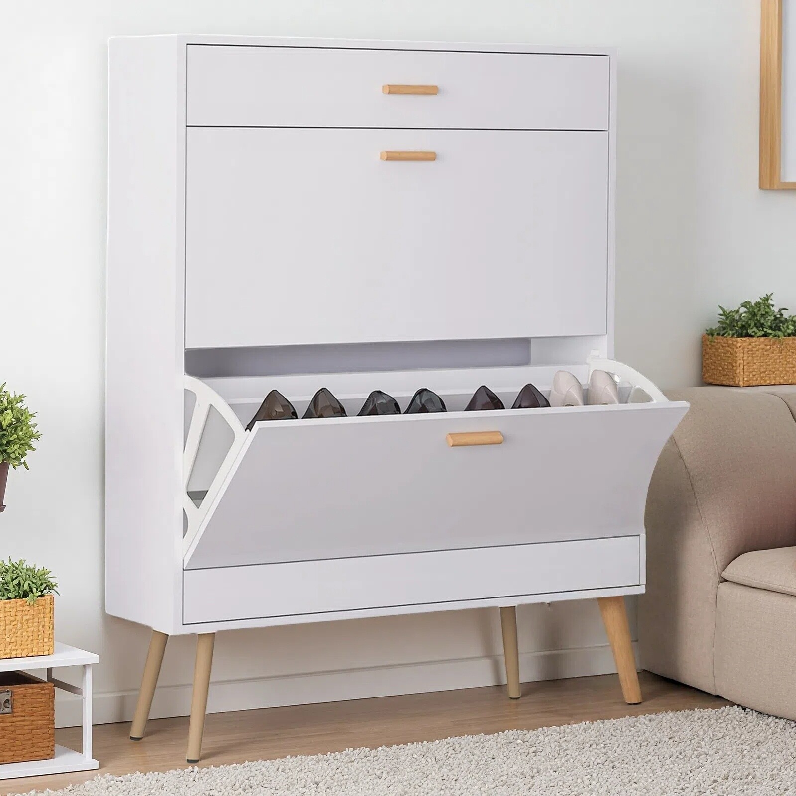 White 2 Flip Drawers Shoe Cabinet, Luxury Shoe Storage & Shoe Rack