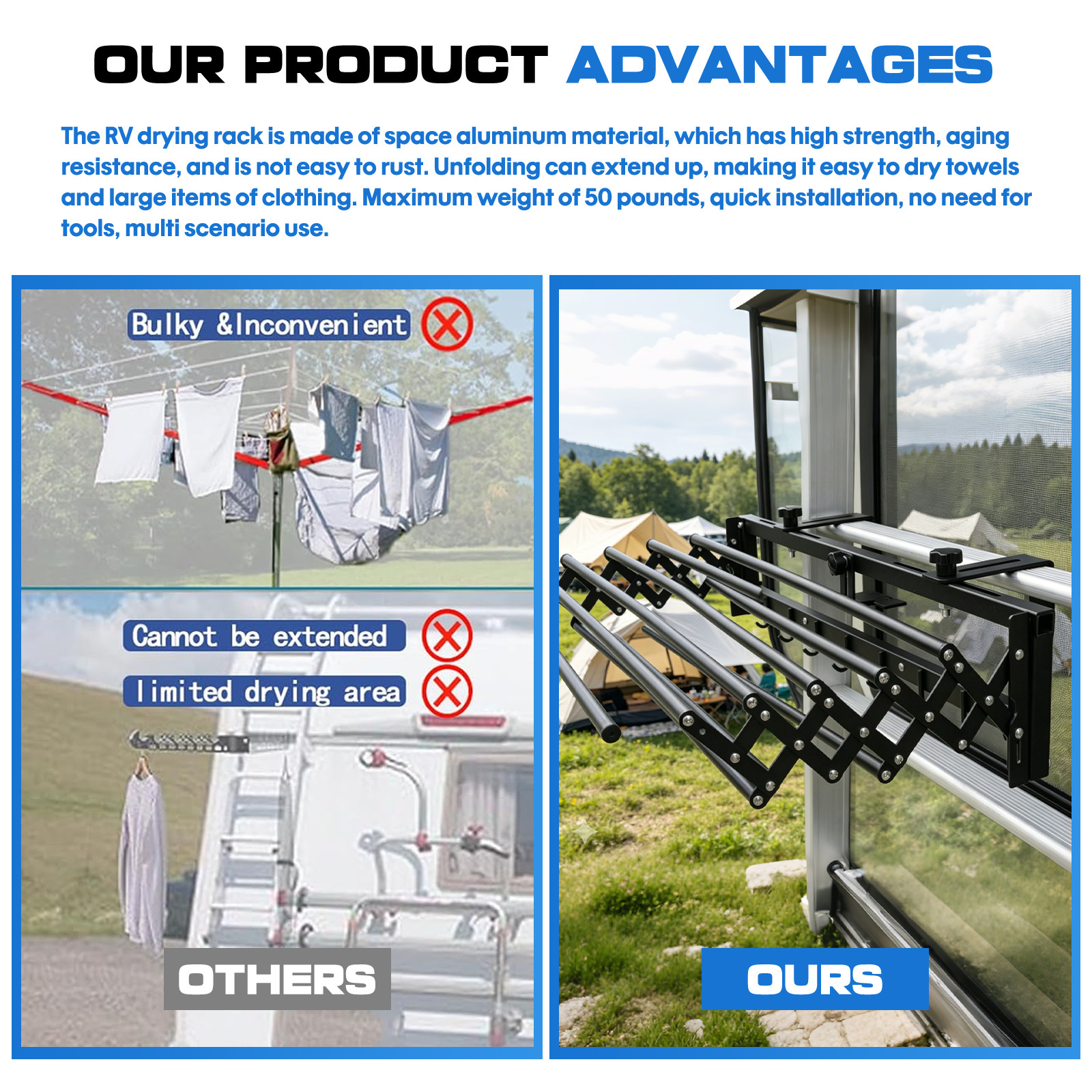 RV Clothes Drying Rack Foldable Laundry Hanger for Outdoor Travel, Camping, Boat