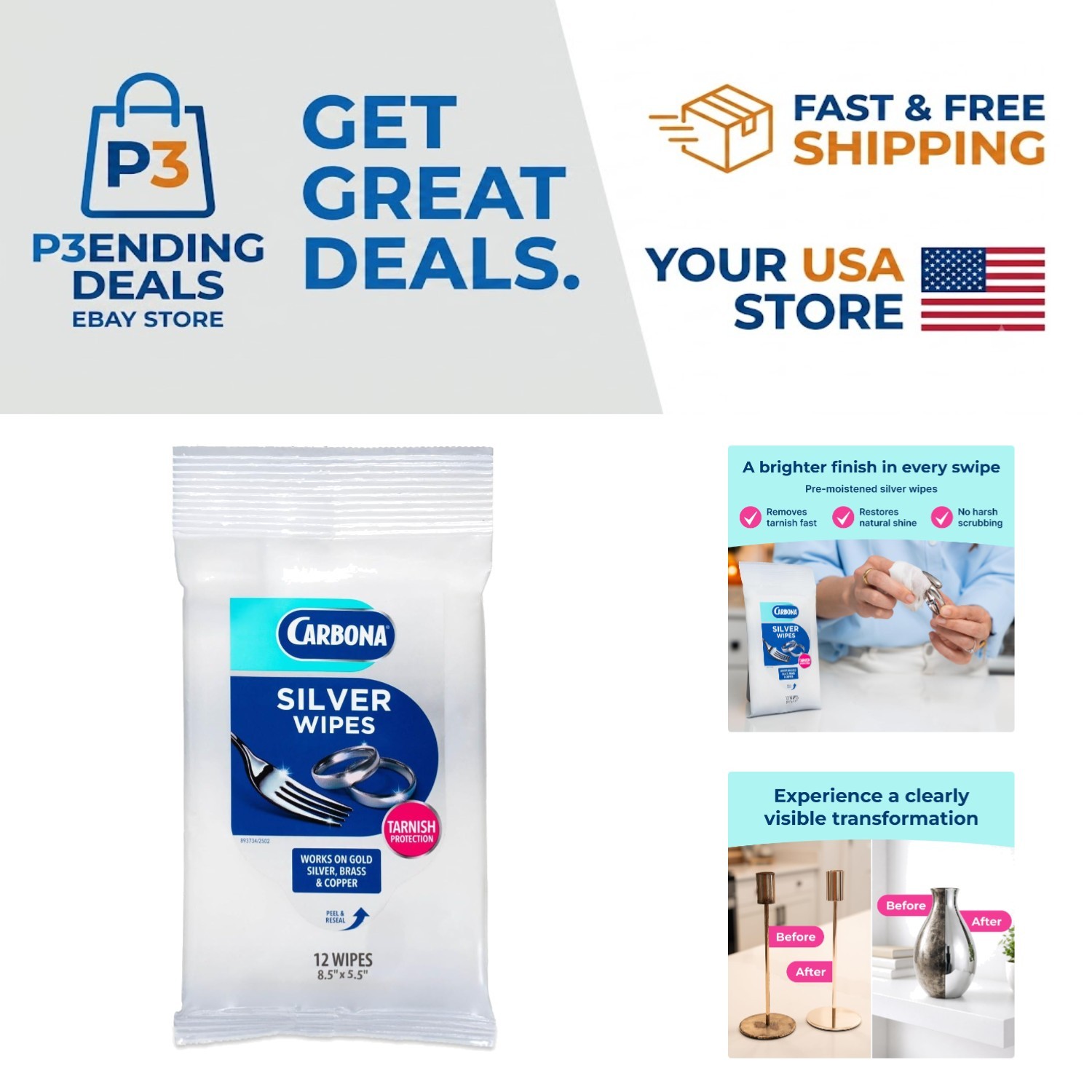 Luxury Metal Cleaning Wipes | Protect & Polish Silver, Brass & Copper – 12 Count