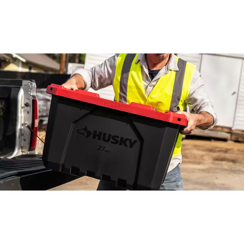 Husky 27 Gallon Storage Tote Bin Heavy Duty Stackable Lockable Lid Black Red