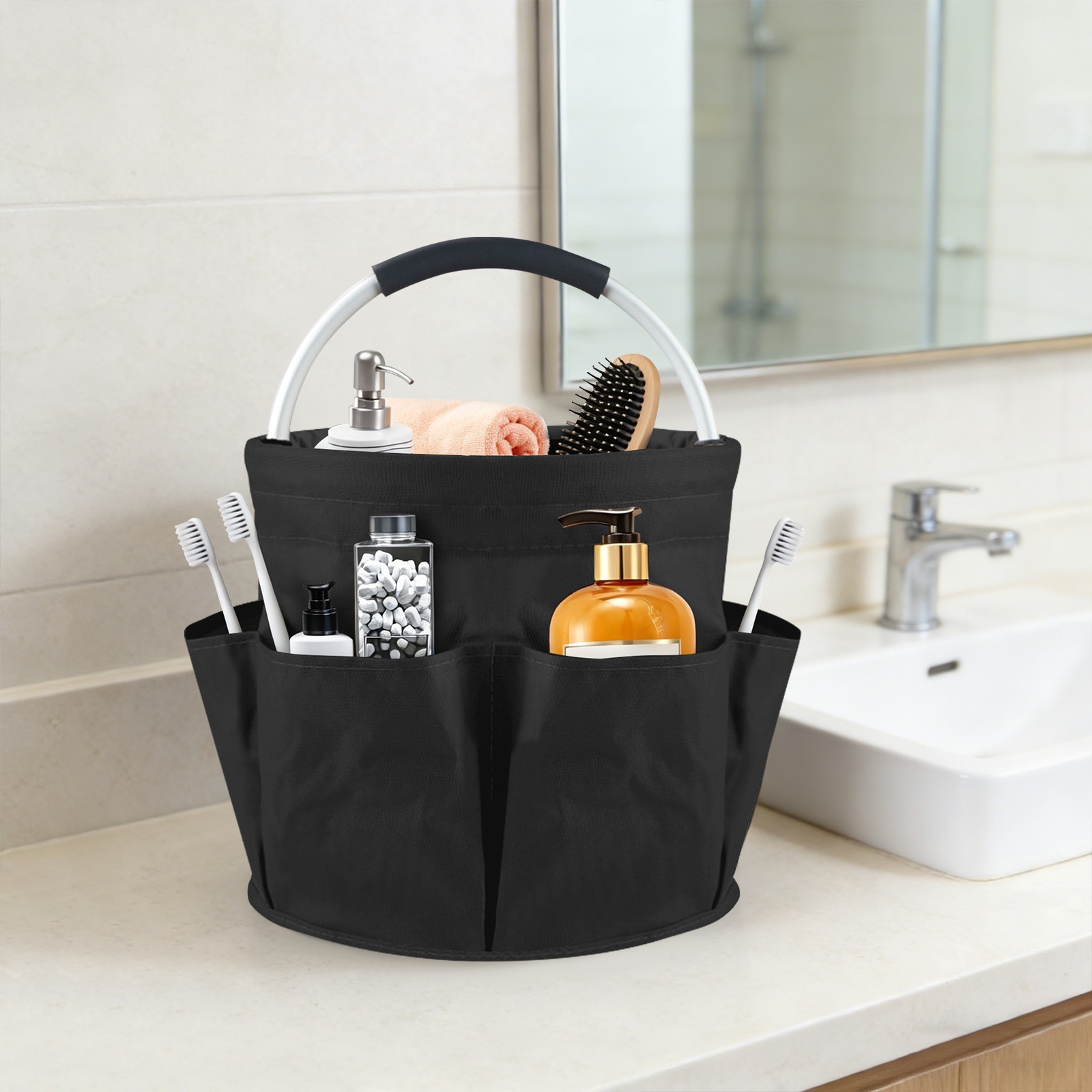 Foldable Storage Basket With Six Side Pockets And Large Central Compartment