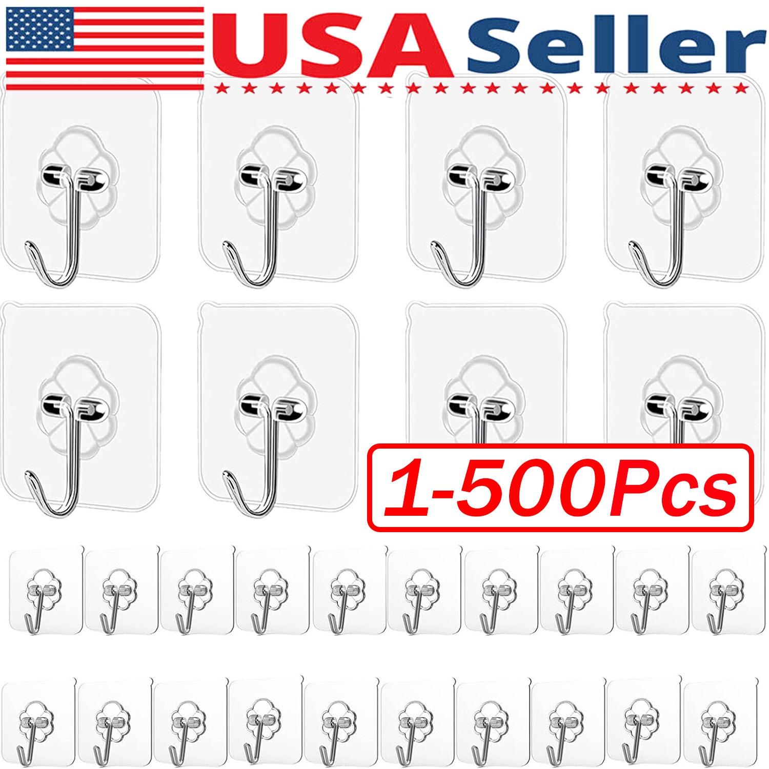 1~500 PCS Stainless Steel Adhesive Sticky Hooks Heavy Duty Wall Hook Hangers lot