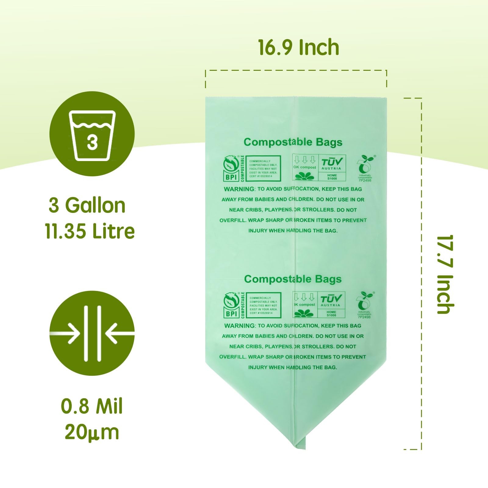 Compostable Trash Bags, Small Compost Bags 3 Gallon, Extra Thick 0.8 Mils, 16.9
