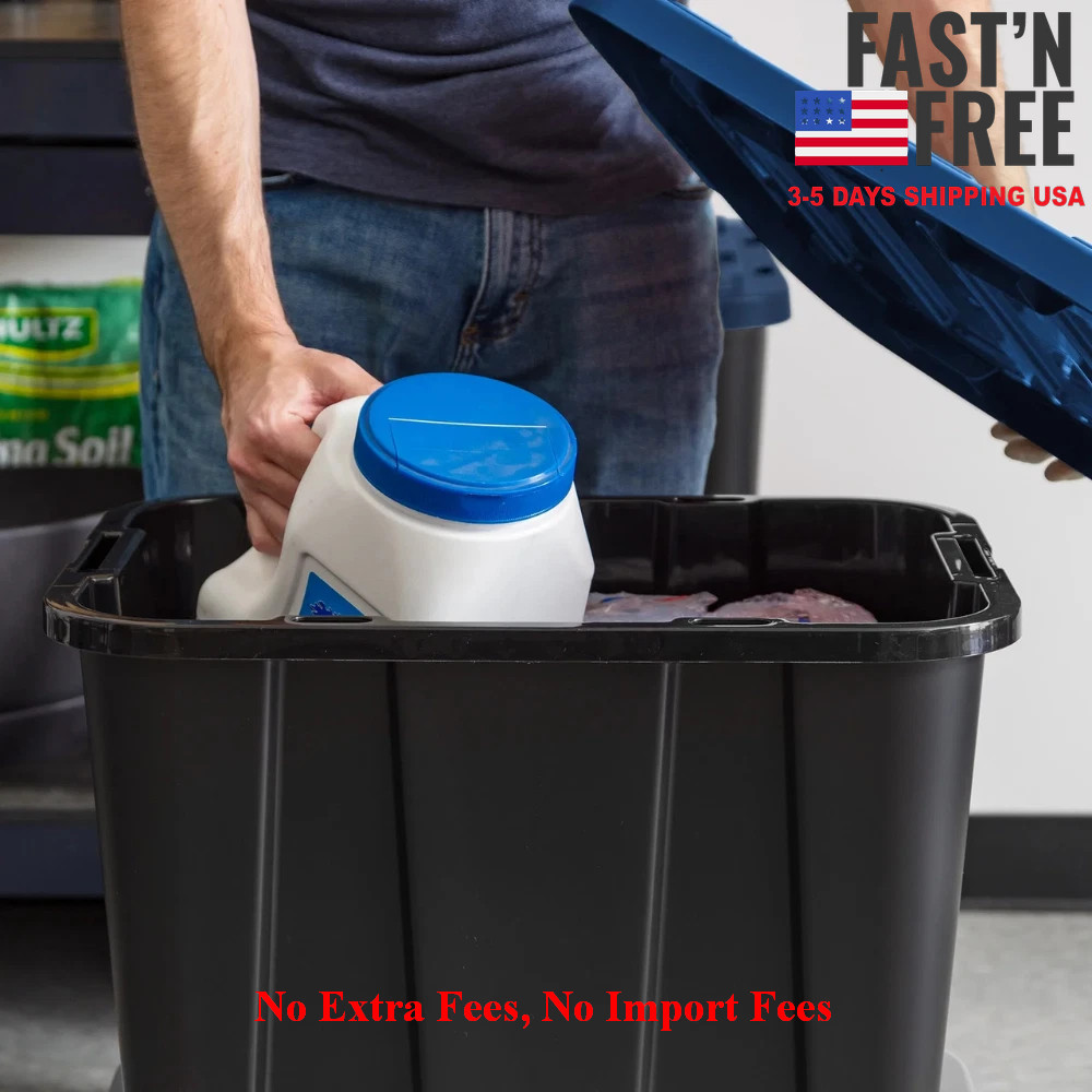 IRIS USA 12 Gal, Stackable Storage Totes, Plastic Bin with Lids, Black/Blue, 4PK