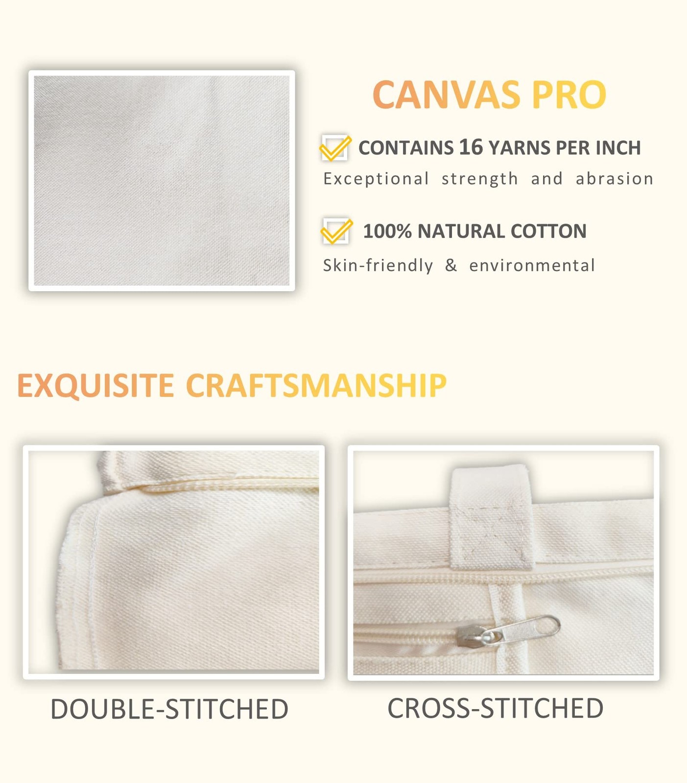 Canvas Tote Bag Pockets Zipper Durable Lightweight Cotton Shopping Cloth Bag Gif