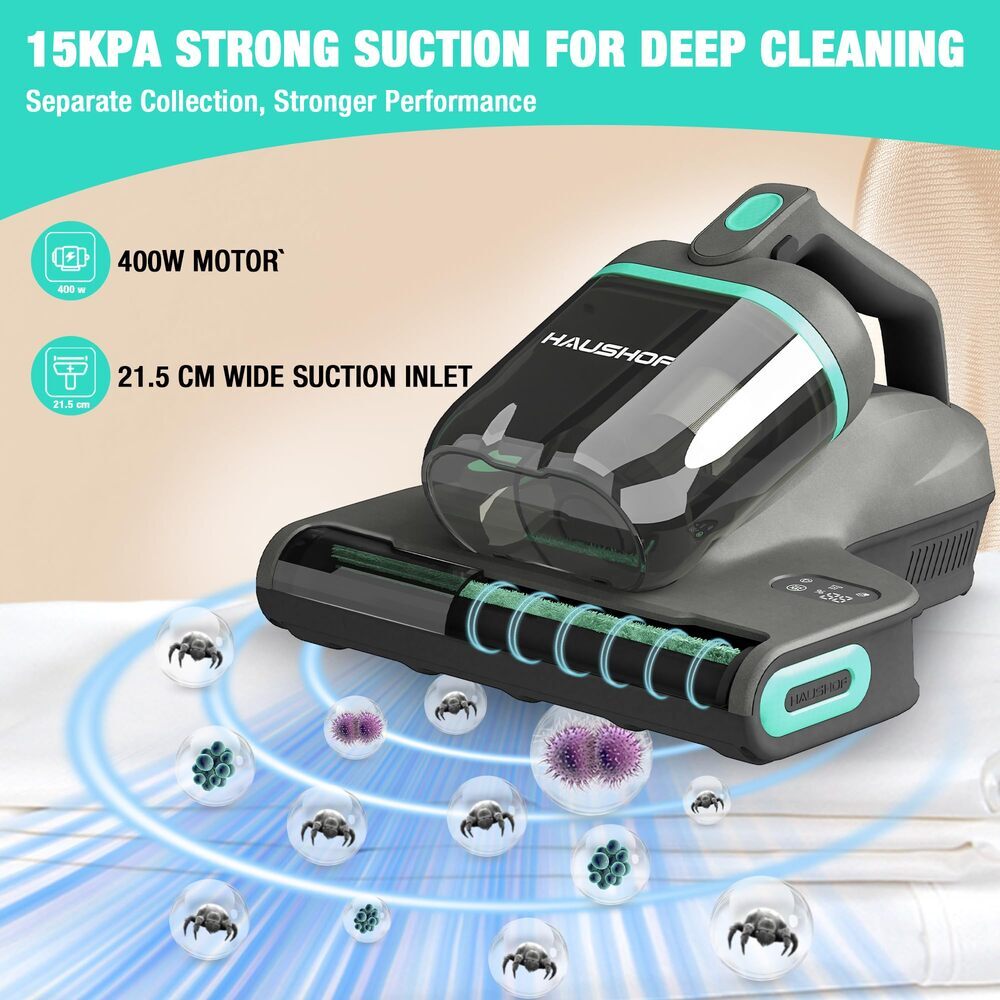 HAUSHOF 400W Mattress Vacuum Cleaner 15Kpa 275nm UV-C Light 140°F Heat Dual Cups