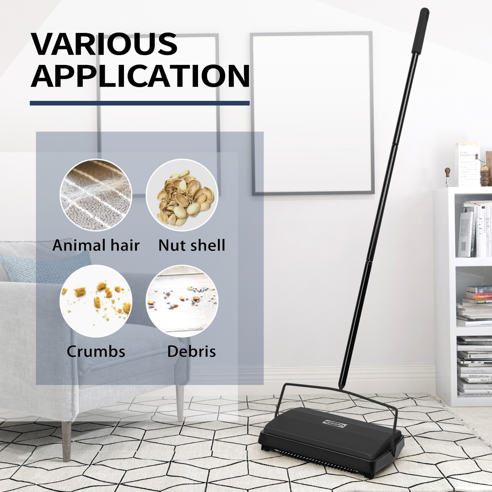 Carpet Floor Sweeper with Horsehair, Non Electric Manual Sweeping (Black)
