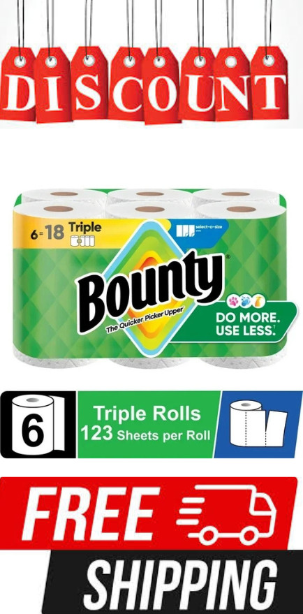 Bounty Paper Towels Select-A-Size White, 6 Triple Rolls, 123 Sheets Per Roll