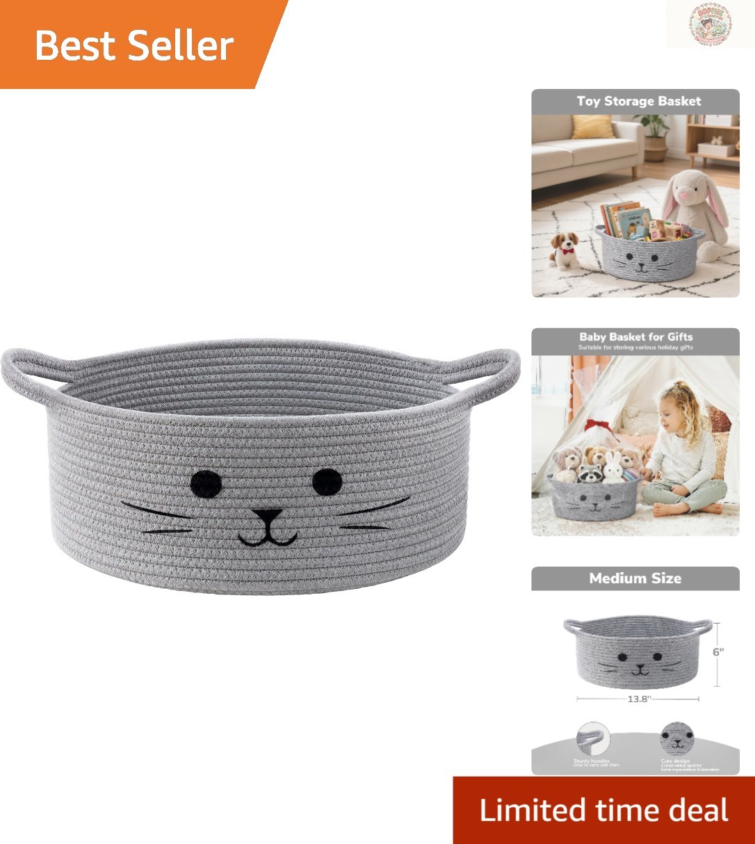 Multi-Purpose Cat Toy Storage Basket – Grey, 13.8″ x 6″ for Home & Nursery