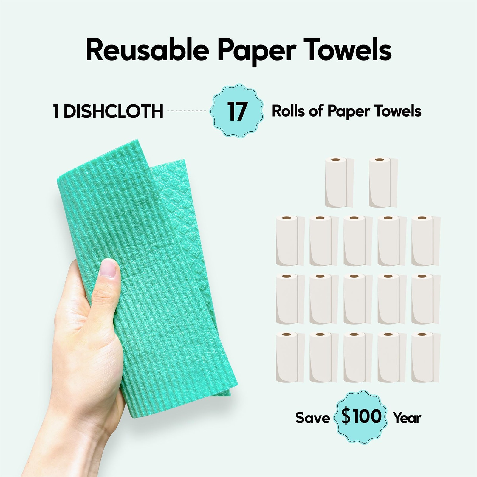 Auggee Swedish Dishcloths for Kitchen, 5 Pack 7 inches x 8 inches, Mint Green