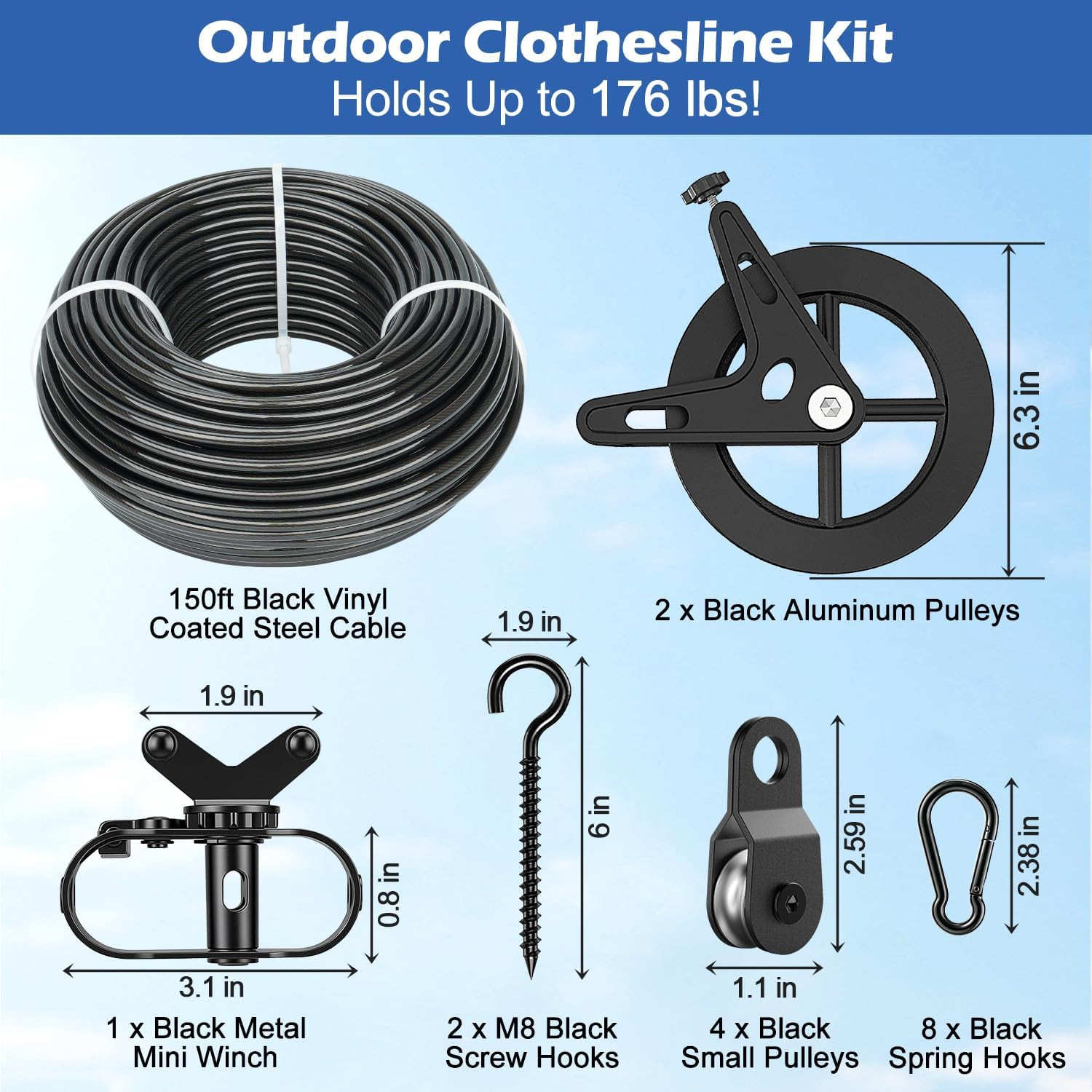 150ft Black Clothesline Pulley Kit with Aluminum Brake Pulleys | 3/16″ Black Coa