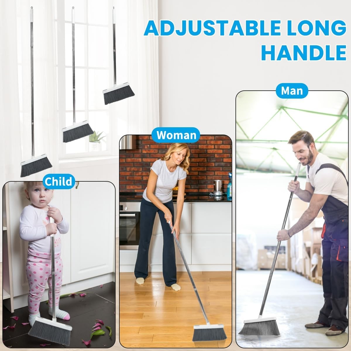 Stand Up Dustpan and Broom Set 50” Long Handle Broom with Dust Pan, 20° Angled