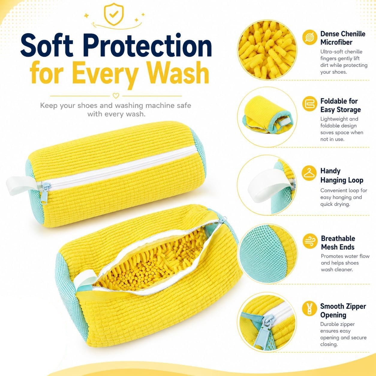 Reusable Shoe Washing Machine Laundry Bag Mesh Cleaner Zipper Wash Bag Yellow