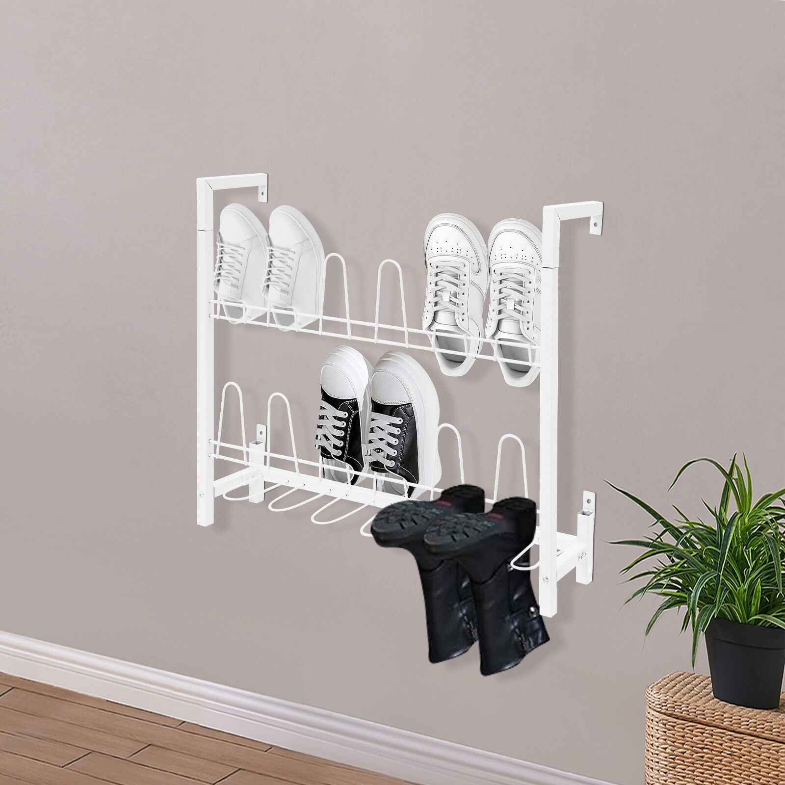 3 Tier Wall Mounted Shoe Rack, White Metal Wire Boot Rack Hanging Shoe Organizer