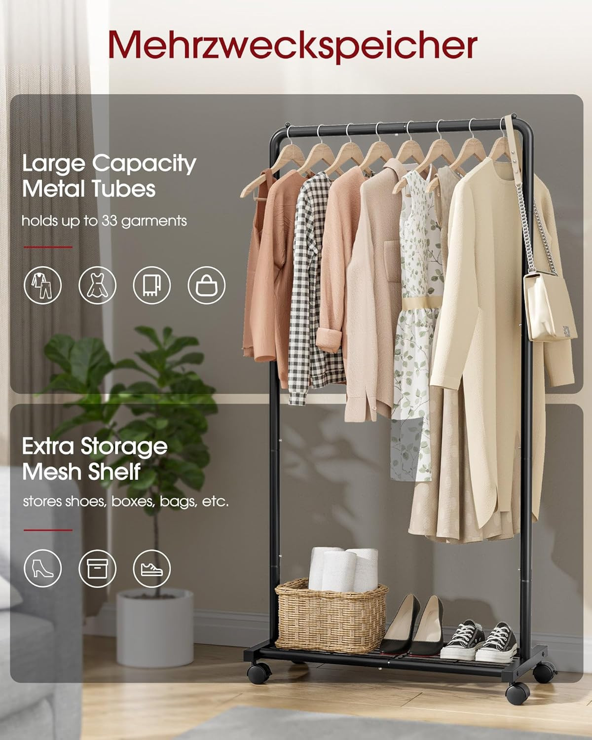 Clothes Rack – Clothing Rack with Storage Mesh Shelf & Casters, Heavy-Duty Metal