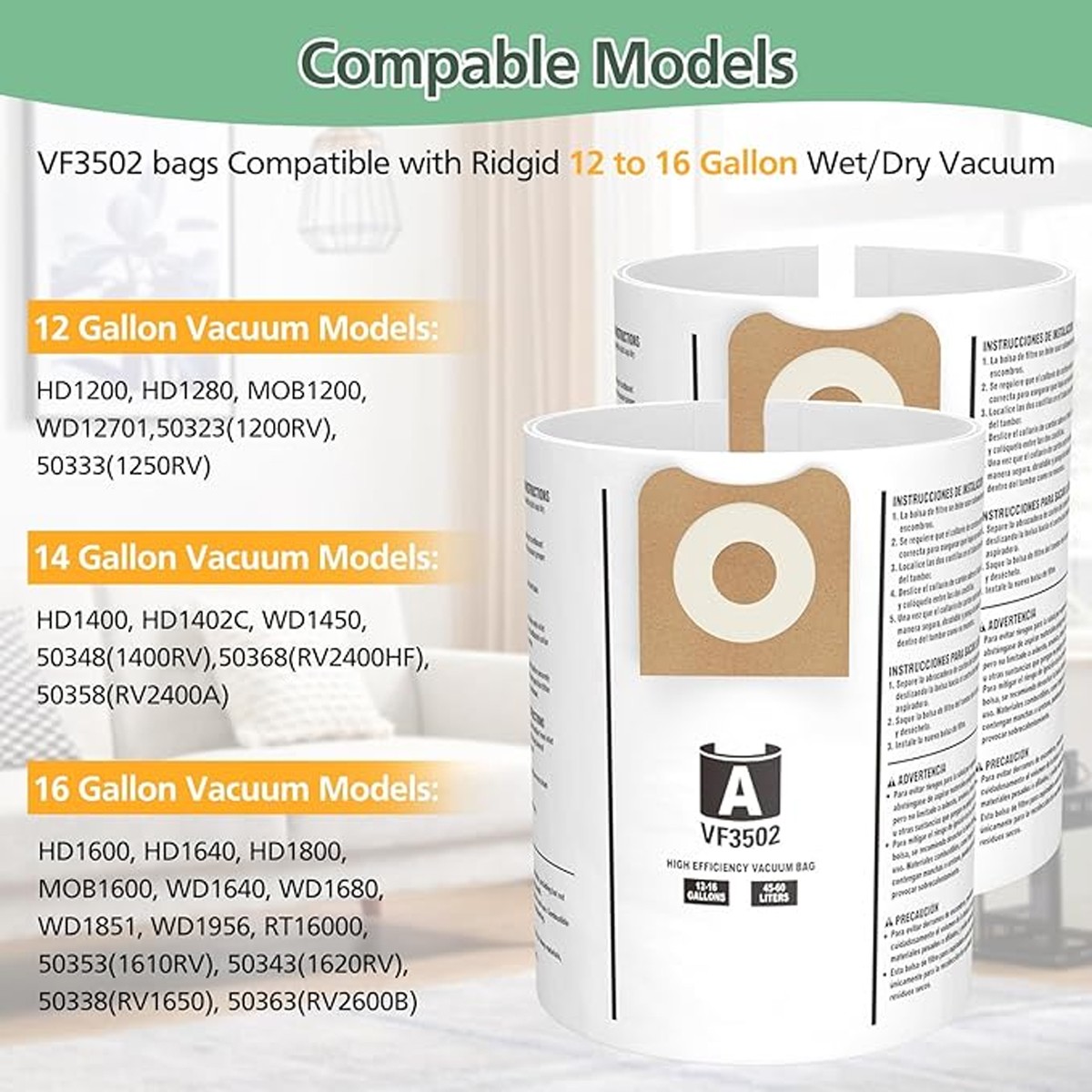VF3502 Vacuum Bags Compatible with Ridgid 12-16 Gallon Vacuum WD1450 WD1680