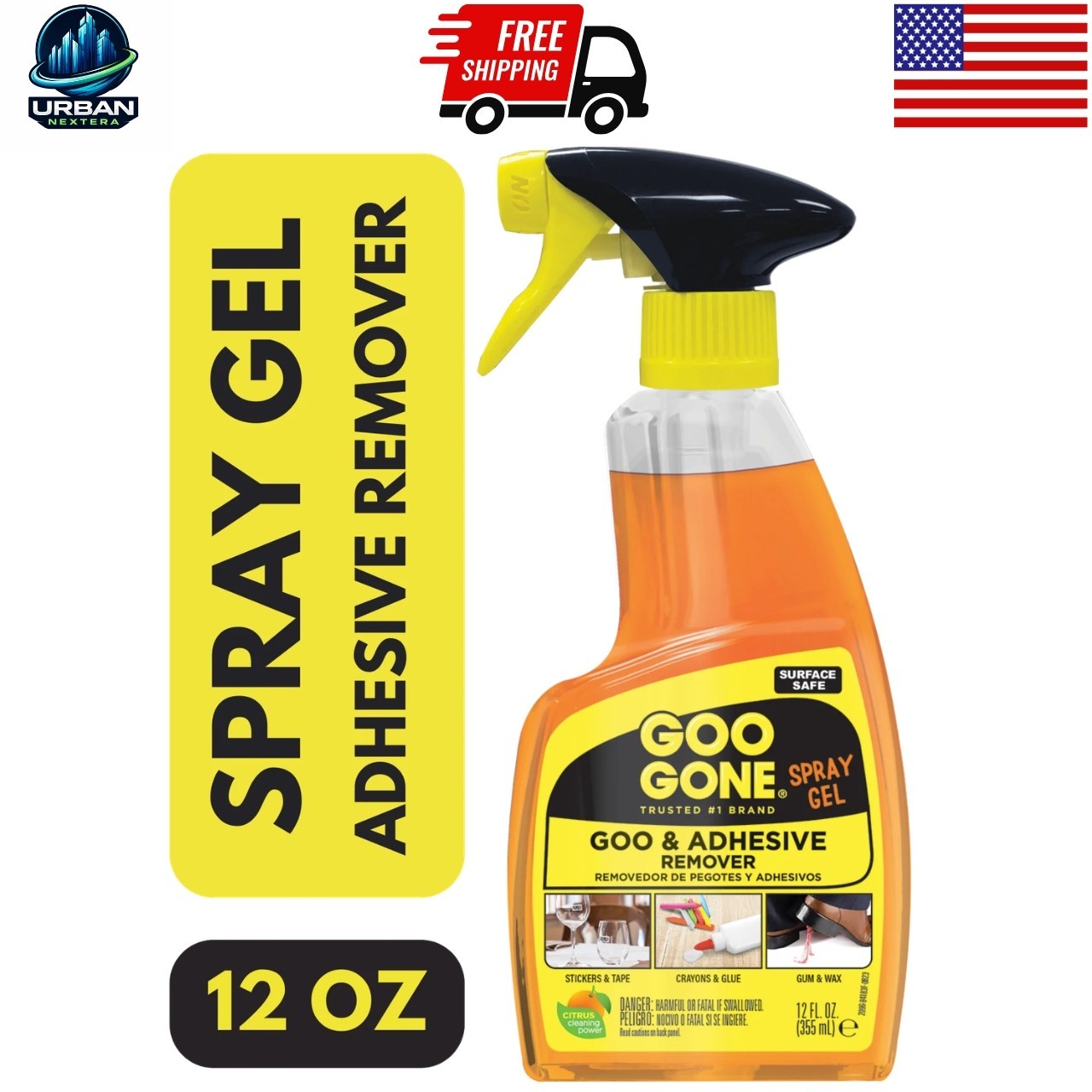GOO GONE Original ADHESIVE Glue Gum Remover Fresh Citrus & Surface Safe 12Oz