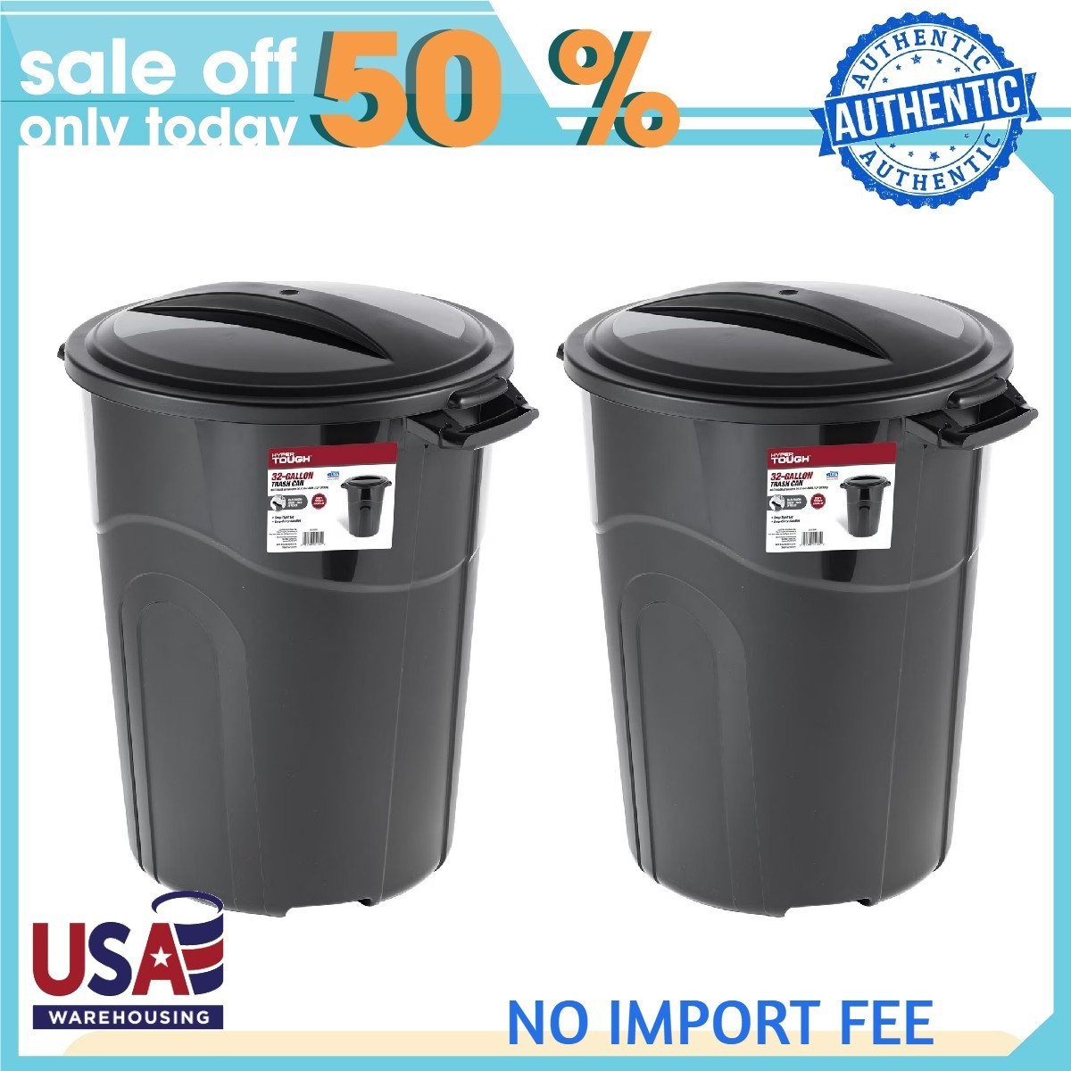 (2 pack) Hyper Tough 32 Gallon Heavy Duty Injection Molded Trash Can