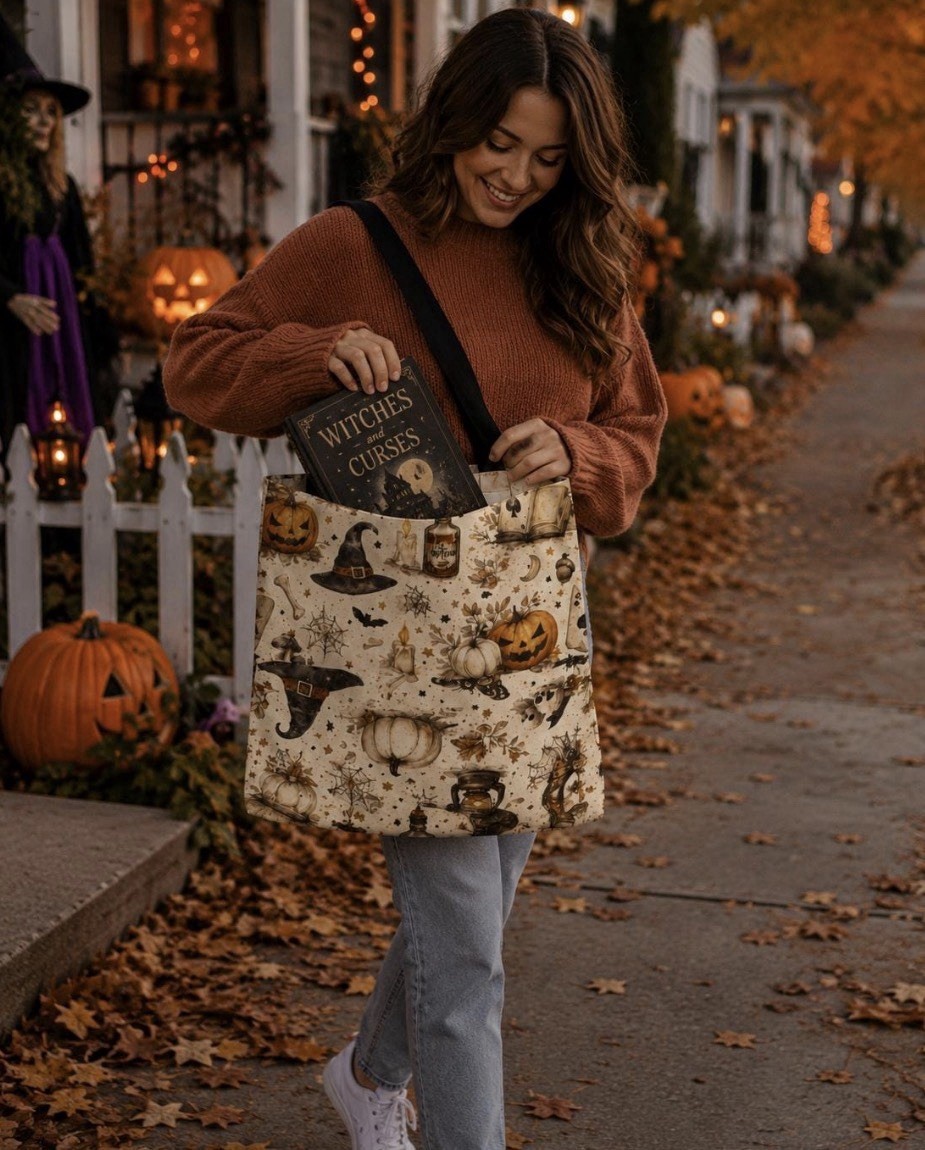 Halloween Print Canvas Tote Bag Beige/Black/Orange 14x14x16 in New