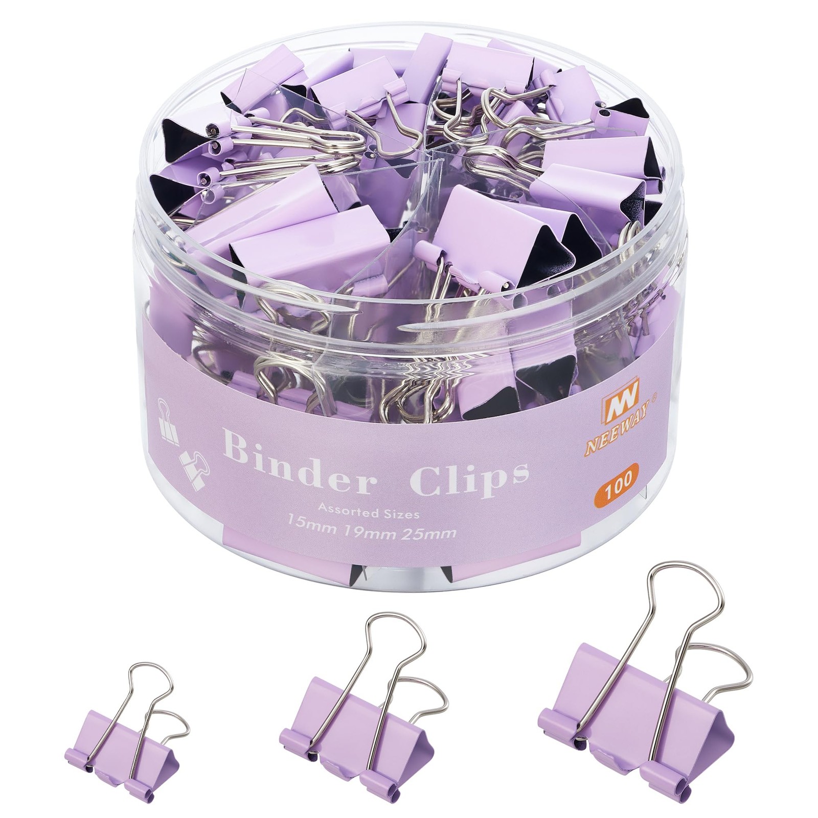 NEEWAY 100 Count Binder Clips Assorted 0.6inch, 0.75inch, 1inch, Purple
