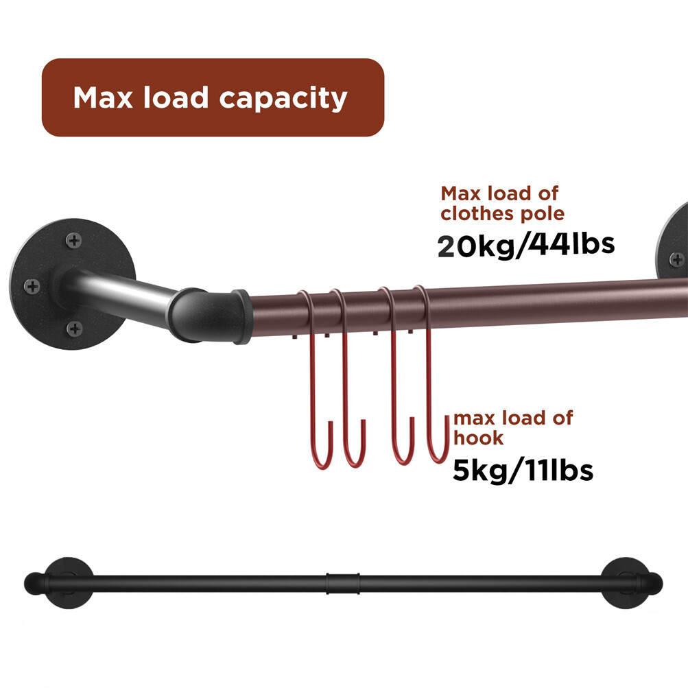 2X Wall Mounted Clothes Rack Industrial Pipe Clothes Hanging Bar Space Saving