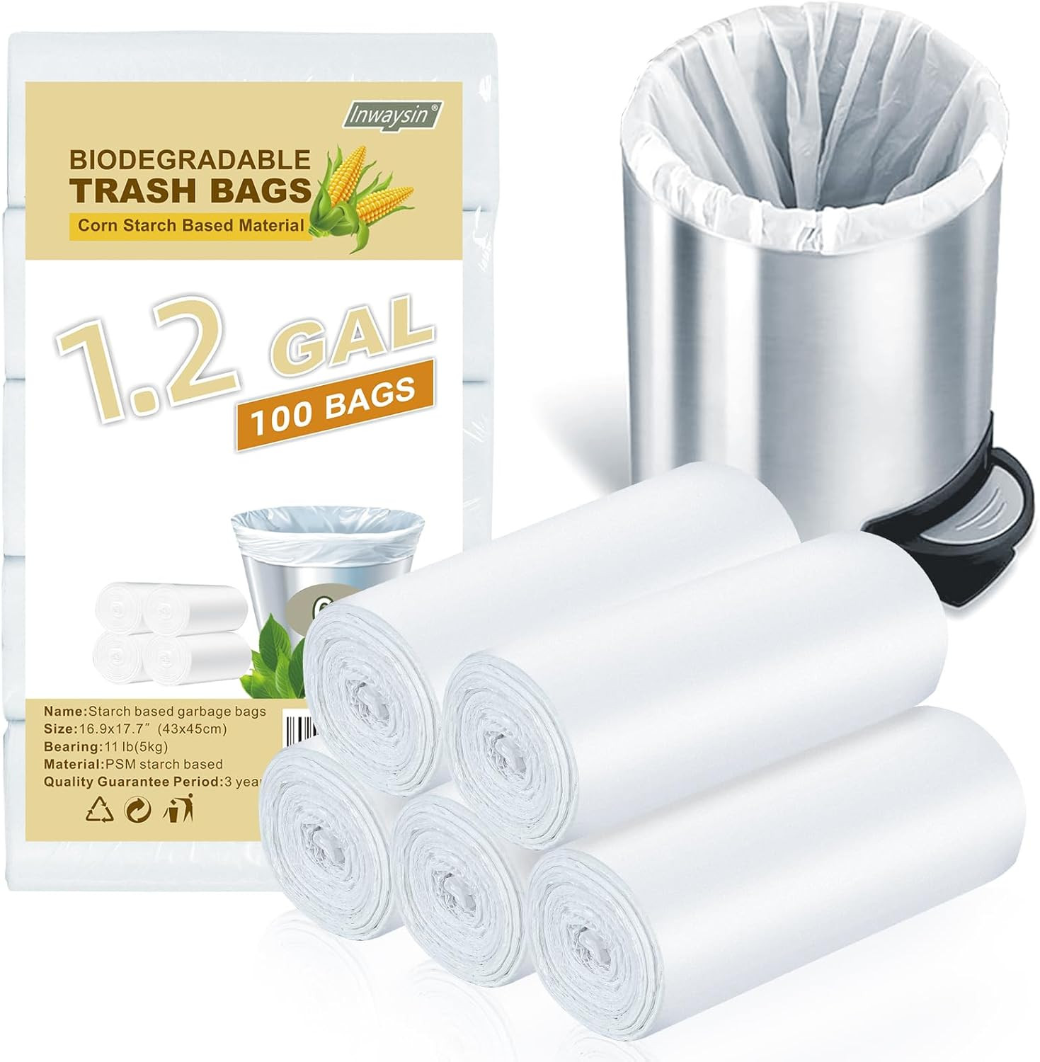 1.2-Gallon Small Trash-Bags Biodegradable Garbage-Bag – Mini Clear White Unscent