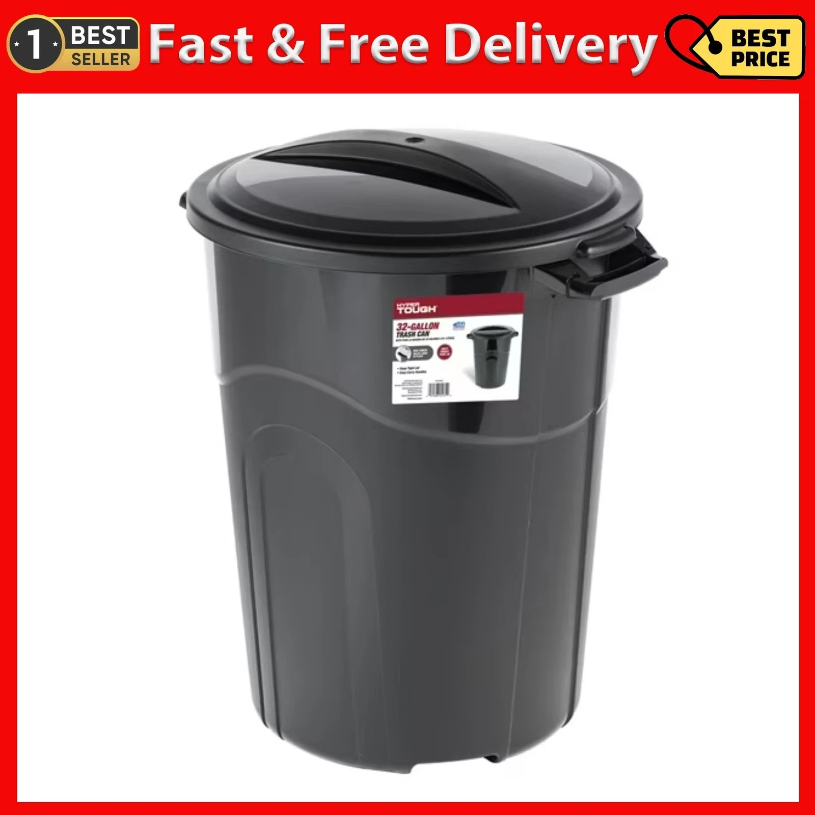 Hyper Tough 32 Gallon Heavy Duty Plastic Garbage Can, Included Lid, Indoor/Outdo