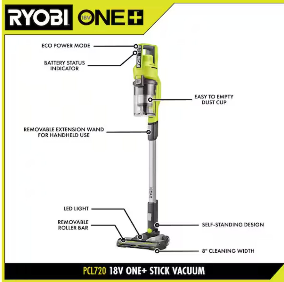 RYOBI ONE+ 18V Cordless Stick Vacuum Kit PCL720K 4Ah Battery Charger NEW
